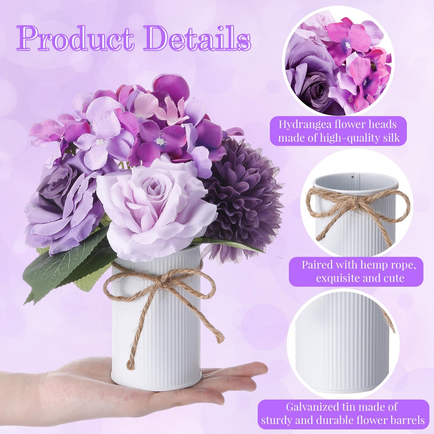 Zeyune 6 Sets Artificial Spring Centerpiece for Tables Fake Purple Plants with Galvanized Pots Farmhouse Purple Flowers Bouquet for Wedding Home Office Rustic Decor