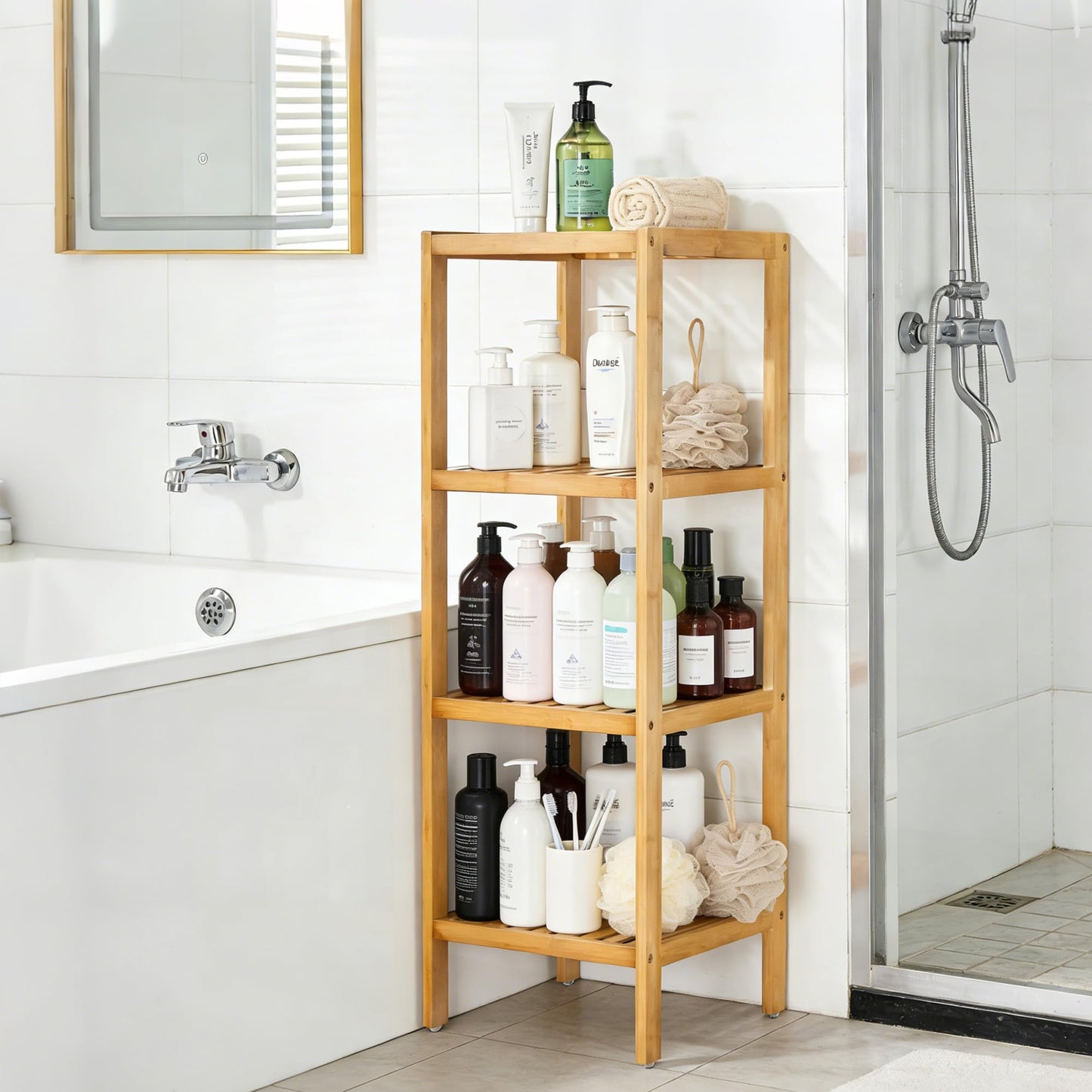 Garvee 4-Tier Bamboo Shelf Narrow Bathroom Shelf with Slatted Shelves Natural Wood Plant Stand Standing Towel Rack Corner Rack for Bathroom Entryway Bedroom Kitchen Sunroom