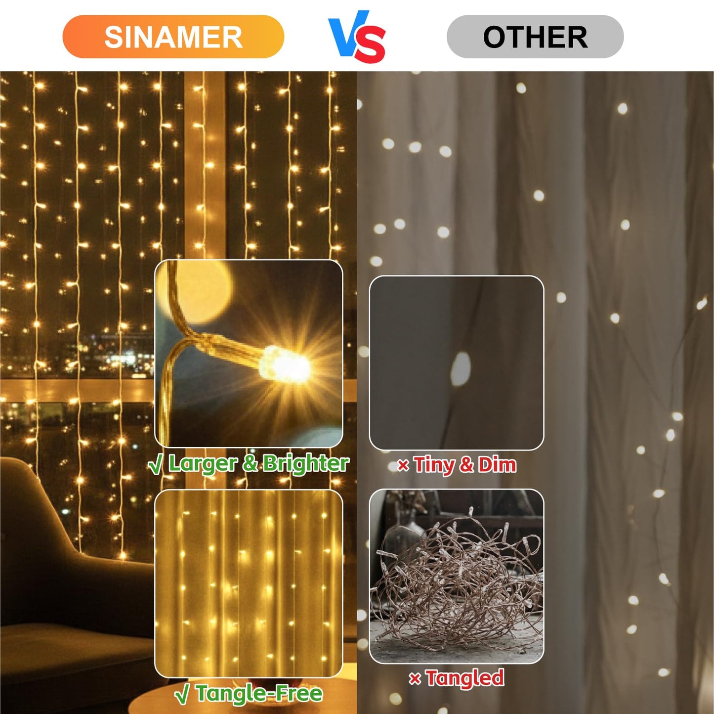 SINAMER Curtain Light for Bedroom, 200LED 6.6x6.6ft Warm White Window Wall Hanging Fairy Curtain String Light, 8 Modes Remote Fairy String Lights Indoor for Wedding Party Home Garden Decorations