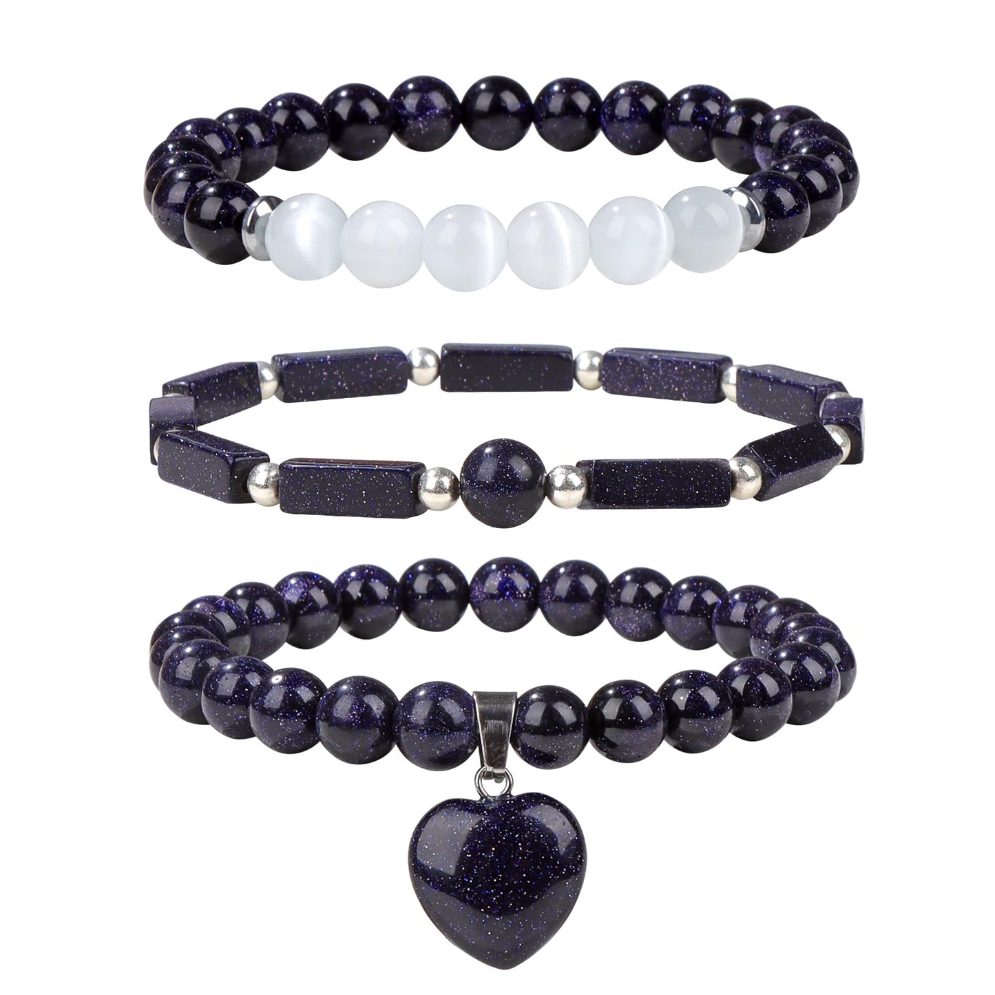 Vinswet Healing Crystal Beaded Bracelets for Women,Natural Blue Sandstone Moonstone Gemstones Bracelet,Anxiety Stress Relief Heart Charm Bracelet Handmade Blue Jewelry Gifts for Women (3pcs)