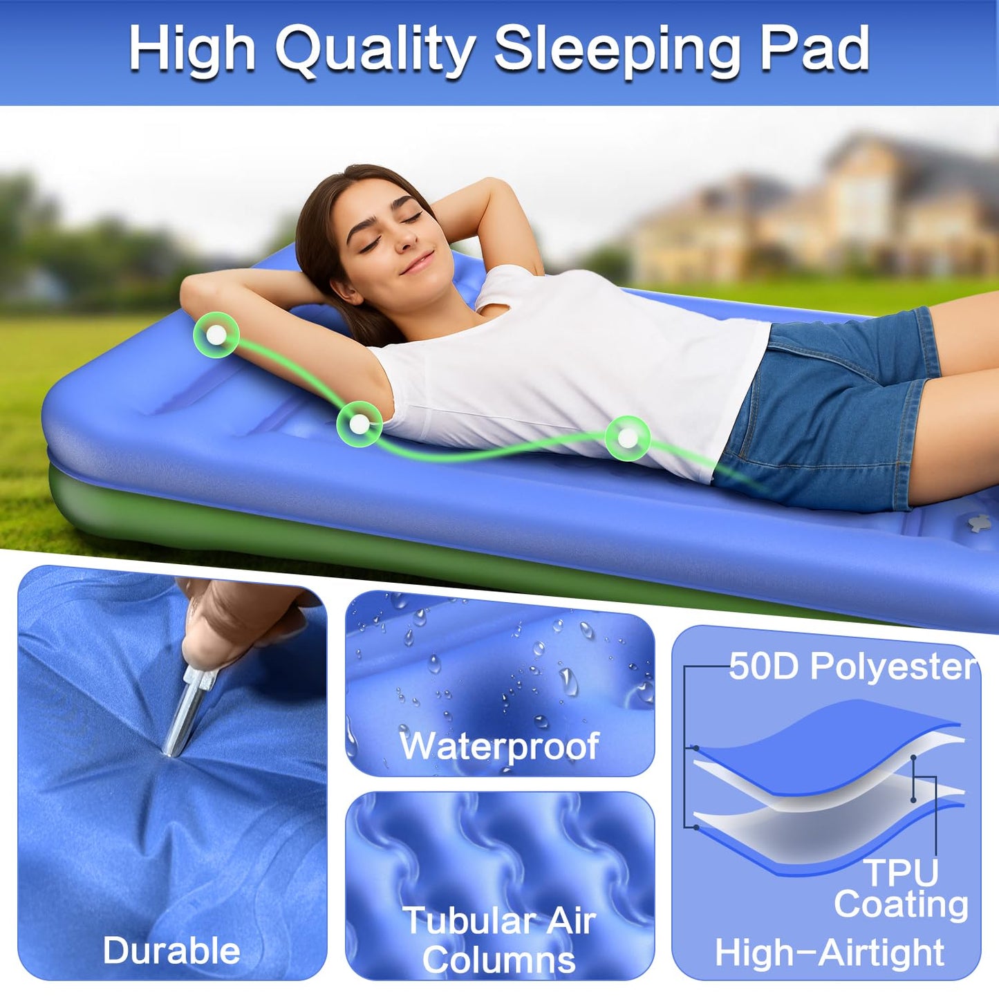 Wusrop Double Sleeping Pad for Camping, Extra Thick 5 Inch Self-Inflating 2 Person Camping Mattress,with Built-In Foot Pump, Insulated Inflatable Trampoline Mat for Backpacking, Hiking, Tents & Winter
