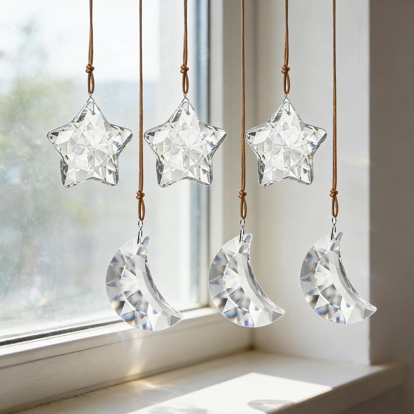 LOULIQIGIFT 6pcs Clear Crystal Star and Half Moon Prisms Ornaments Faceted Glass Hanging Ornaments for Home Garden Window Wedding Party Decor