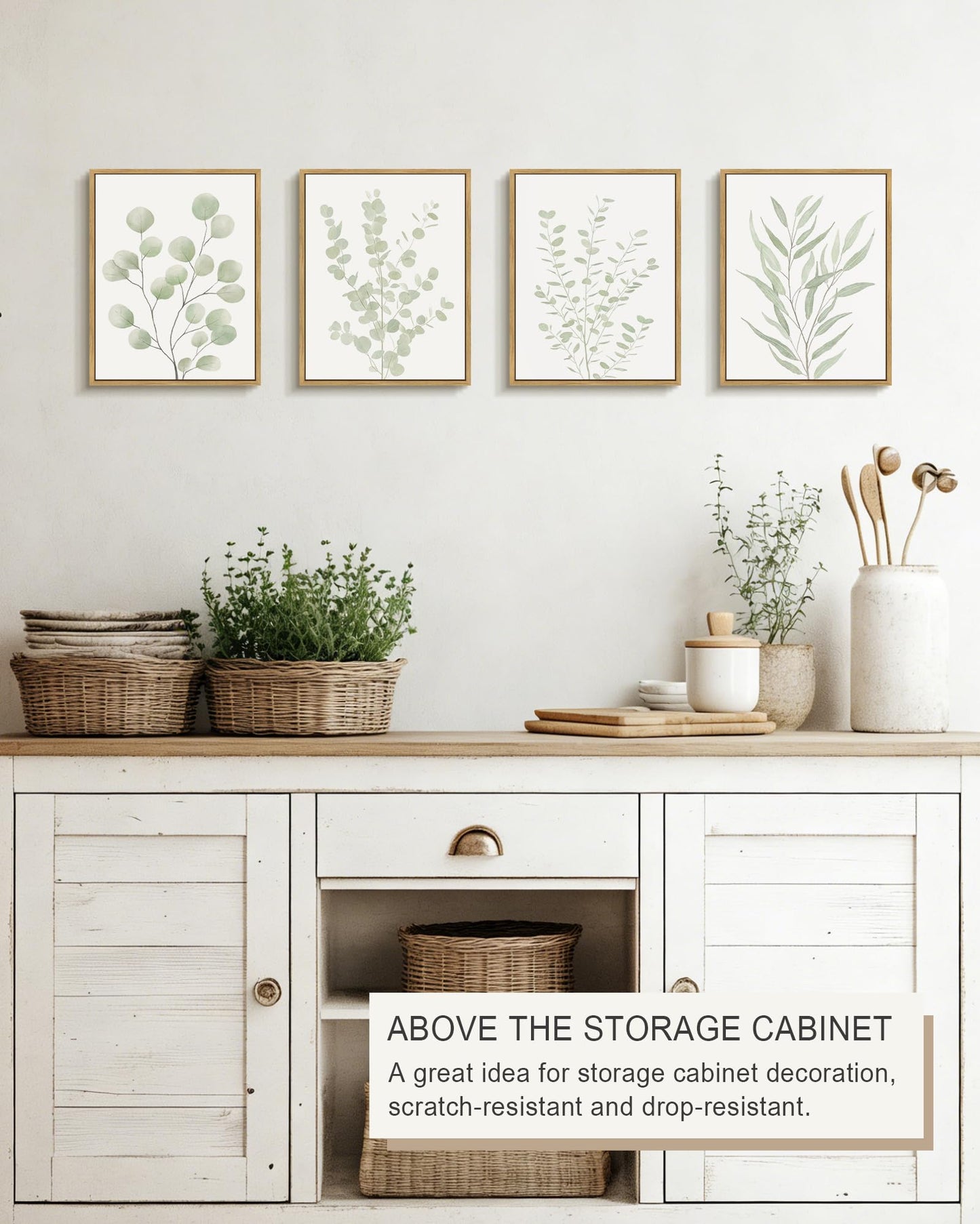 Drsoum Botanical Plant Framed Wall Art Boho Wall Decor for Bathroom Sage Green Eucalyptus Leaf Prints Minimalist Aesthetic Ready to Hang Set of 4, 8x10 in (Natural Framed)