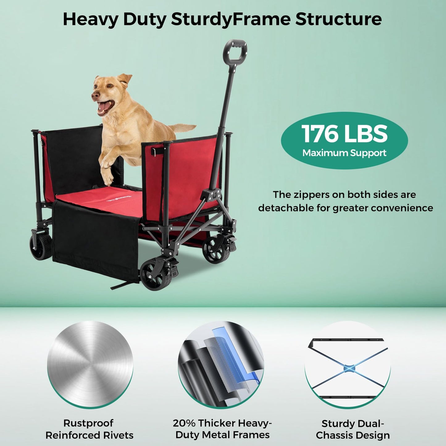 SUNNYFEEL Collapsible Wagon Cart, 200LBS Capacity Foldable Camping Cart with Wheels, Adjustable Handle， Lightweight Wagon for Shopping, Garden，Beach & Pet Use