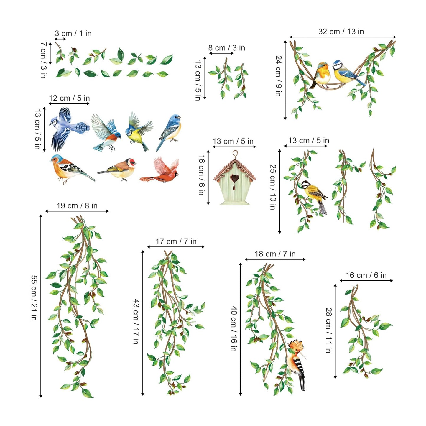 decalmile Spring Summer Hanging Green Vine Window Clings Double Sided Birds Tree Leaves Window Decals Anti-Collision Doors Glass Stickers
