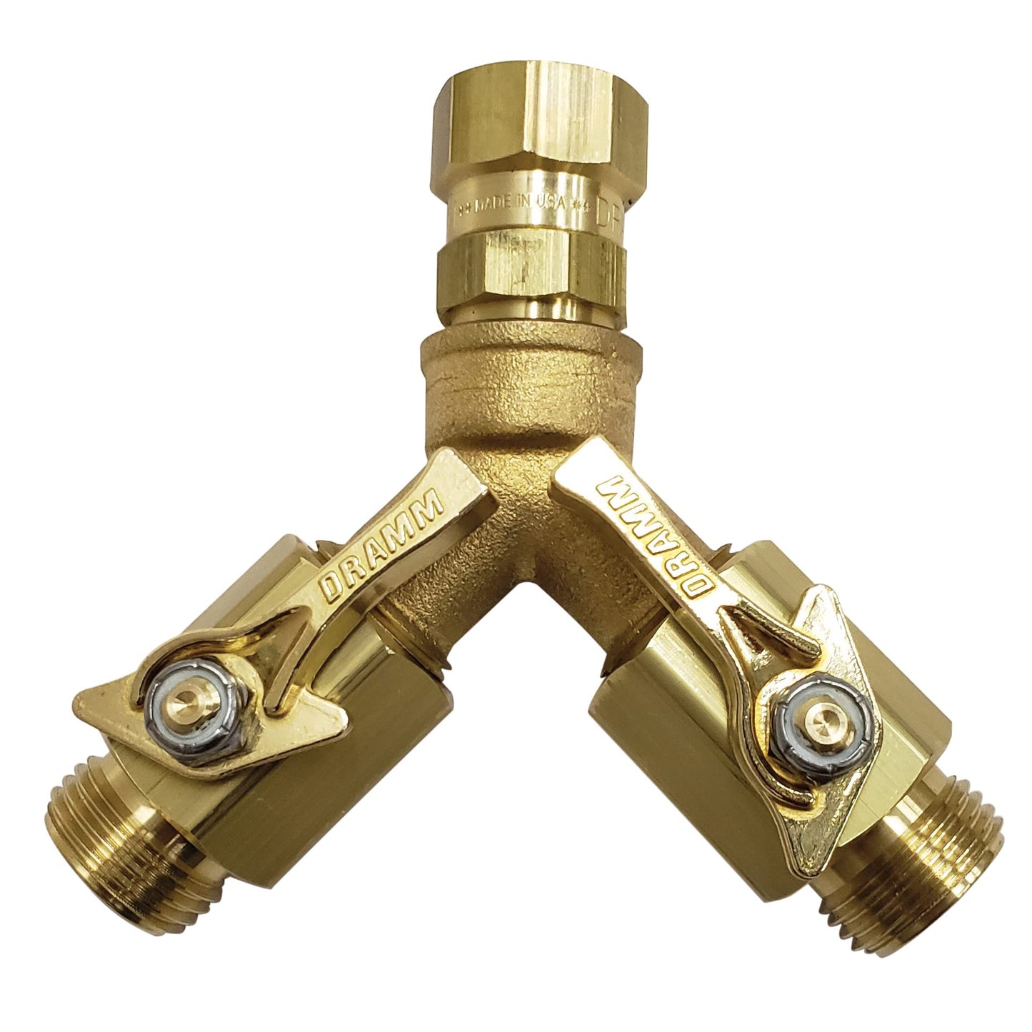Dramm Twin Brass Hose Shut-Off Valve – Dual Garden Hose Water Control Splitter