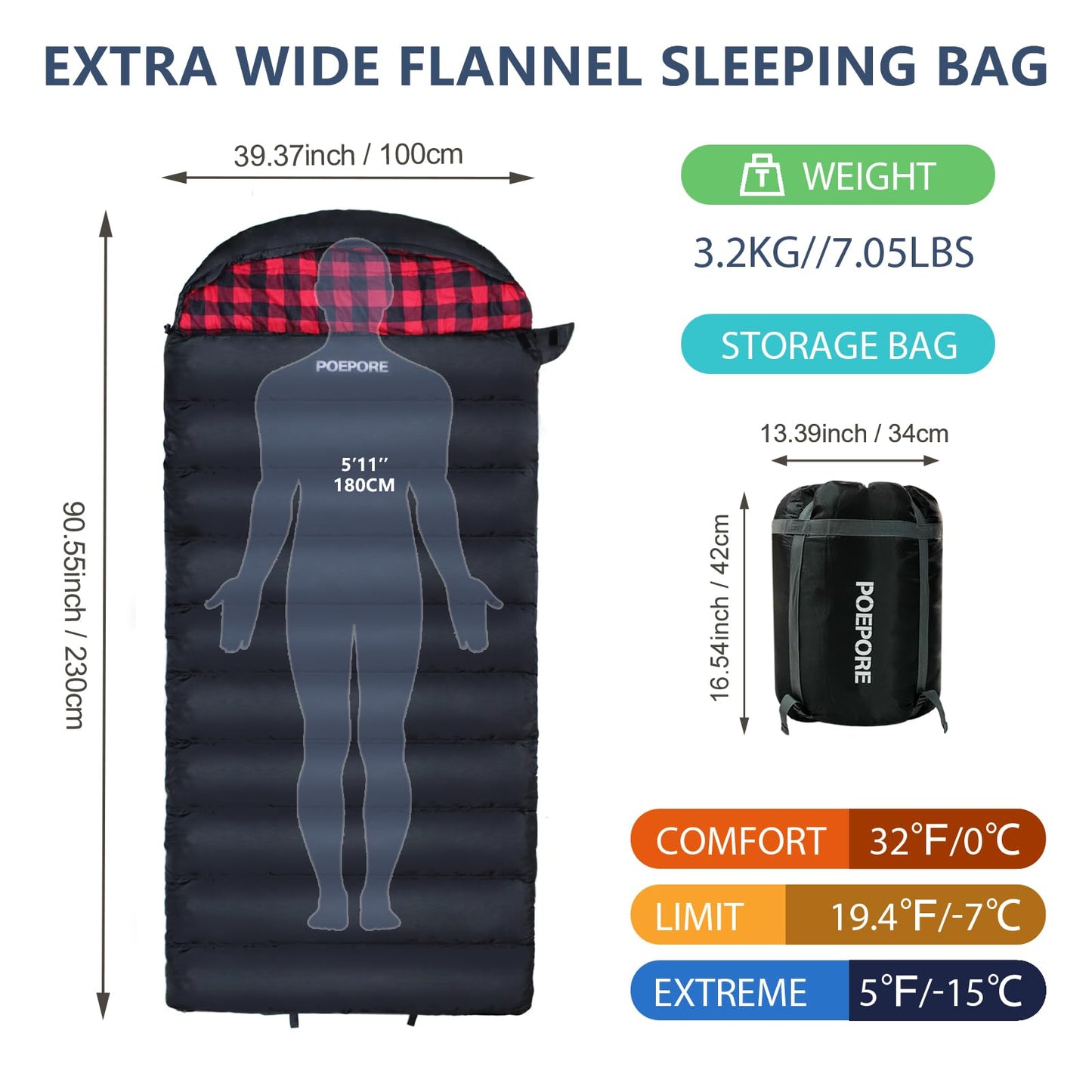 POEPORE 0 Degree Sleeping Bag 100% Cotton Flannel XXL Cold Weather Winter Oversized Sleeping Bag for Adults Camping Zero Degree Big and Tall with Compression Sack