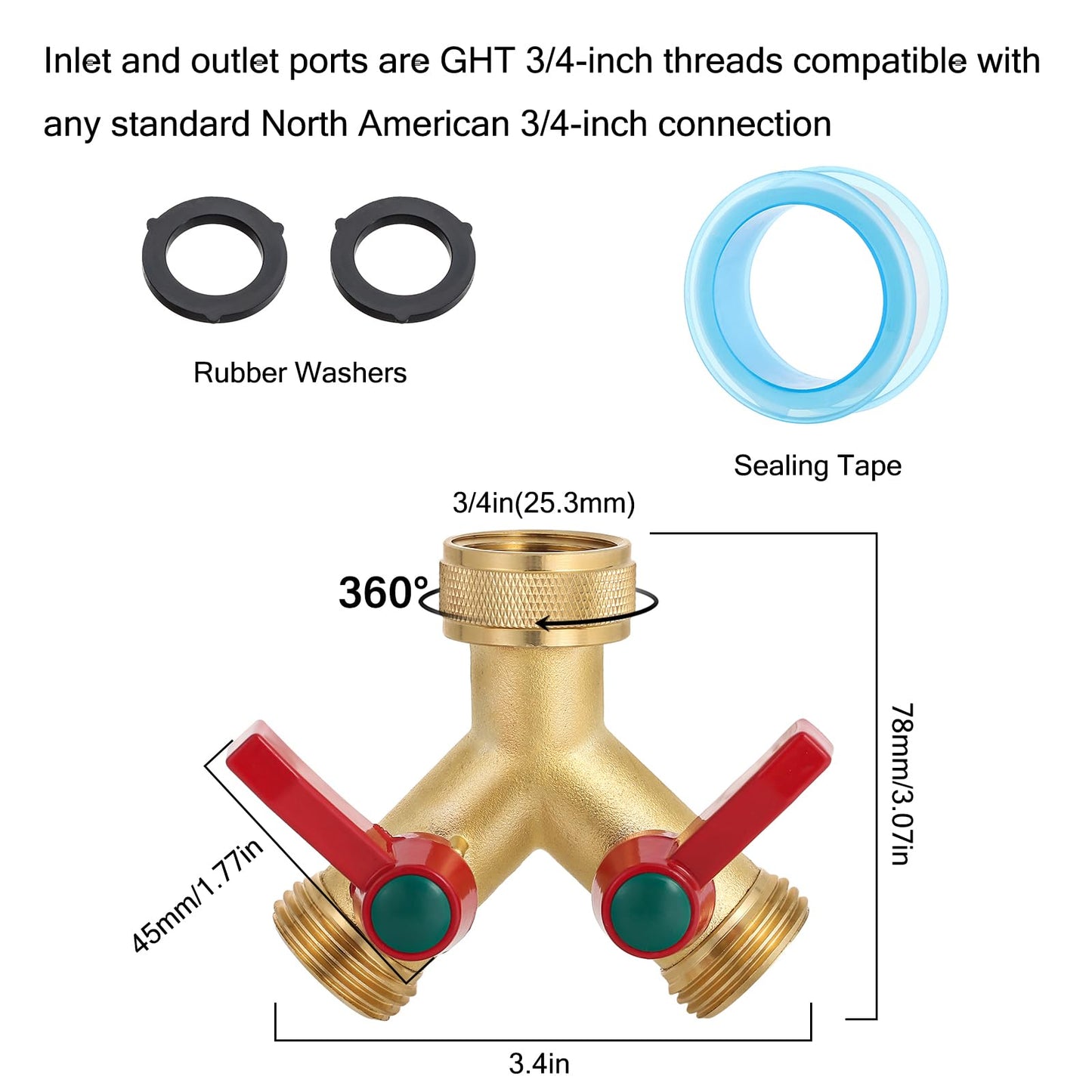 Brass Garden Hose Splitter, 2/3 Way Heavy Duty Outdoor Hose Splitter, 3/4" Hose Y Faucet Splitter with Leak Proof Tape and 2 Extra Rubber Gaskets for Regulating and Shutting Off Water Flow (2 WAY)