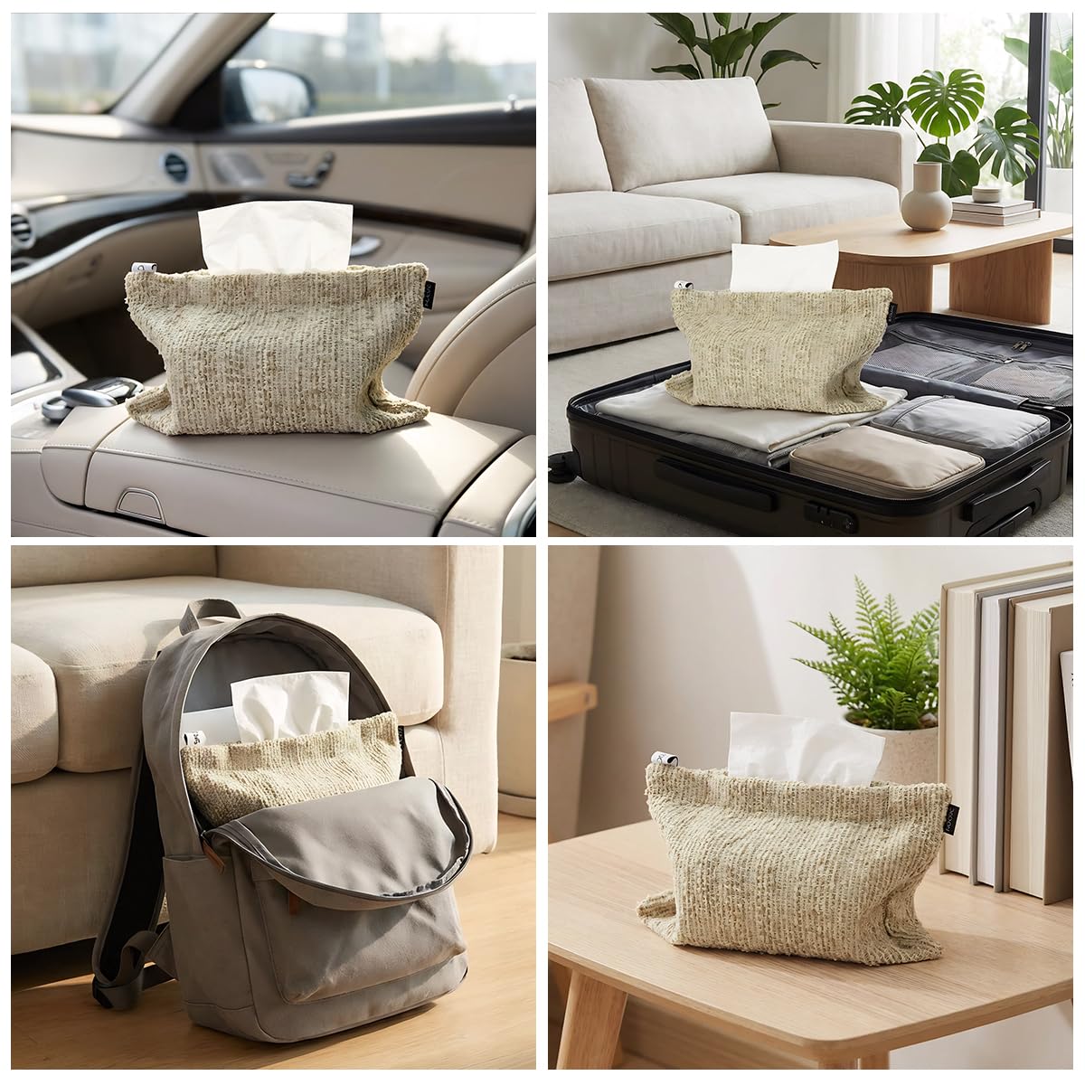 Nordic Forest Style Tissue Holder Bag Soft Khaki Chenille Fabric Pocket Tissue Holder Reusable Decorative Holder Decorations for Home Office Bathroom Car 10.6×7 inches