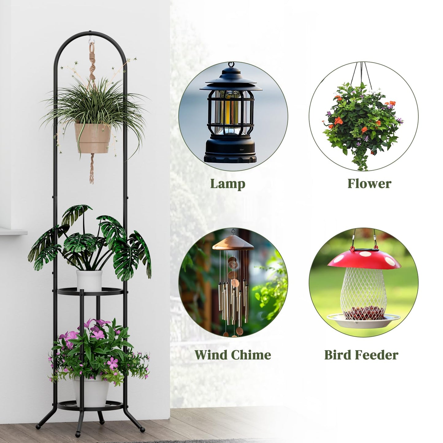 PULIJIAJU 2-tier Hanging Plant Stand Indoor and Outdoor, Space-Saving Iron Plant Shelf, 3 Potted Flower Pot Stand ,Planter Holder for Bedroom Balcony Living Room Patio Garden( n-style)