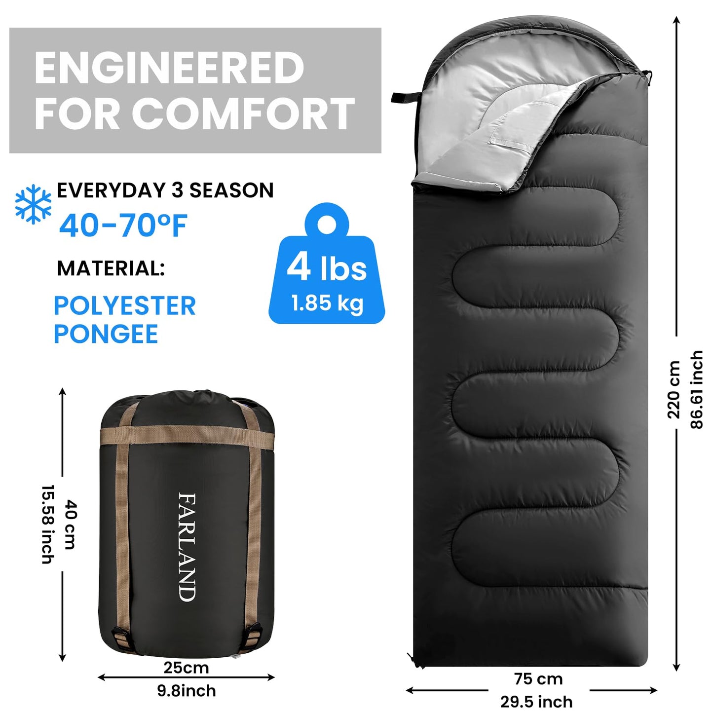 FARLAND Sleeping Bags for Adults Teens Kids with Compression Sack Portable and Lightweight for 3-4 Season Camping, Hiking,Waterproof, Backpacking and Outdoors