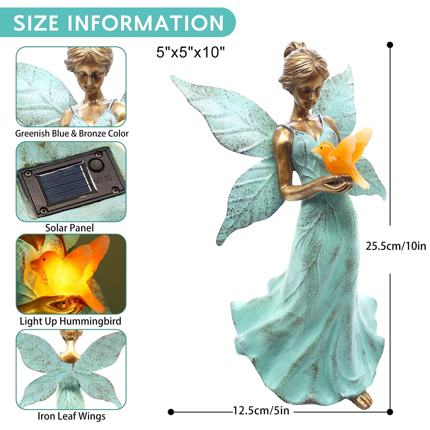 Solar Fairy Garden Statue Decor - Gifts for Women Mom Mother's Day, 10 Inch Angel Girls Resin Figurine Waterproof Home Decoration with Hummingbird LED Lights for Bedroom Balcony Table Yard Patio