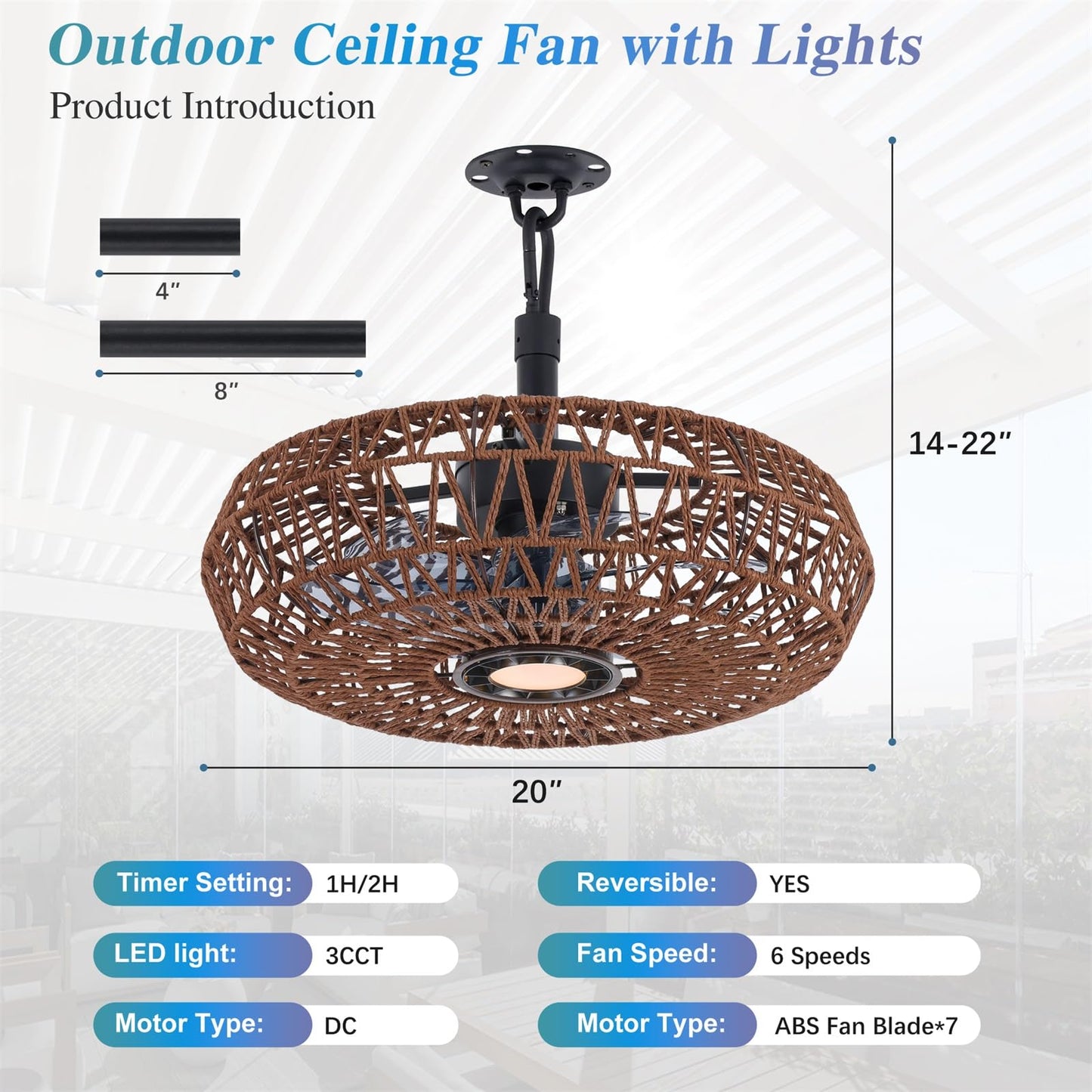 She's home 20'' Outdoor Gazebo Fan with Lights and Remote, Outside/Indoor Hanging Rattan Ceiling Fan, 3CCT Dimmable, 6-Speed DC Motor, Plug-in Wicker Woven Caged Ceiling Fans for Patio Porch Pergola