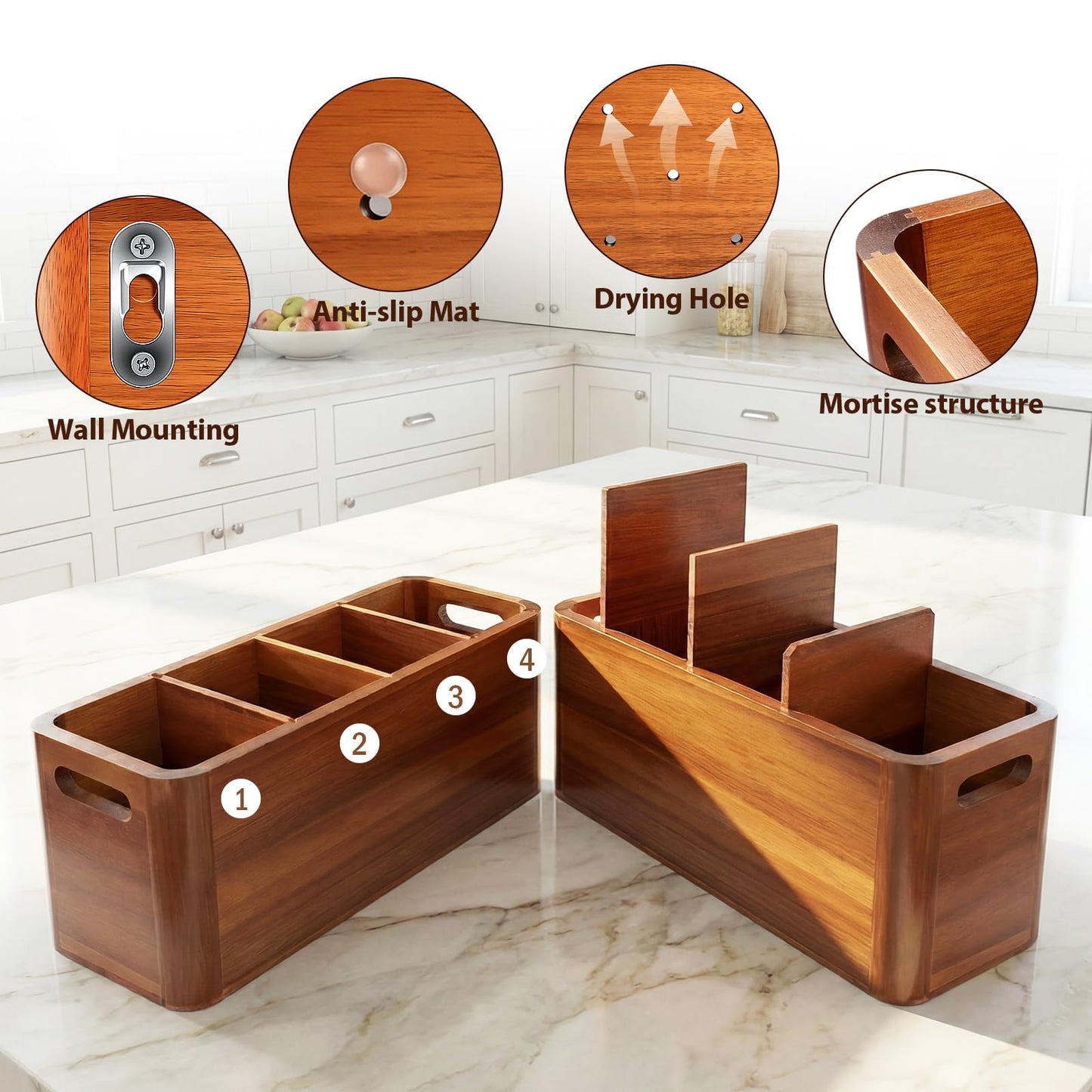 powerful xishan Kitchen Utensil Holder for Countertop, Extra Large Acacia Wood Utensil Organizer, 4-Compartment Storage for Cooking Utensils, Silverware and Cutlery