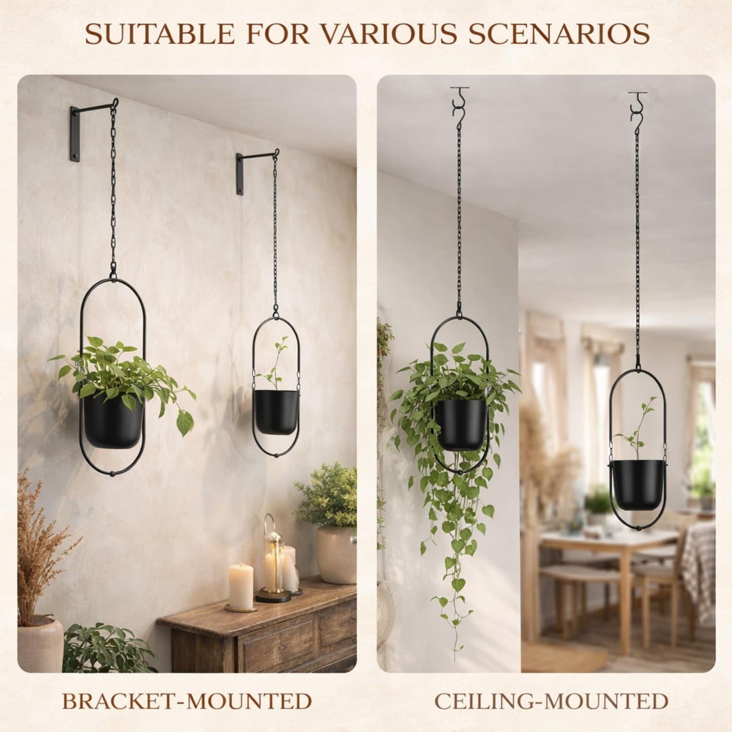 Fumete 2 Set Black Hanging Planters with Chains Metal Plant Hanger Wall Mounted Iron Flower Pot Holder for Indoor Outdoor Plants, Planting Ivy and Fern for Window Porch Balcony and Home Decor