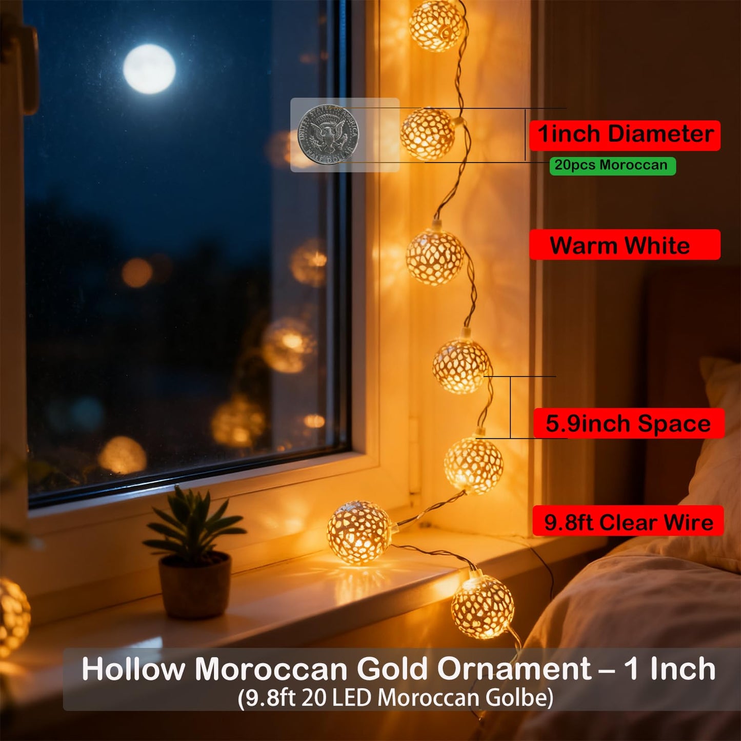 USB & Battery Operated Fairy Moroccan String Lights for Home Bedroom Decor, 9.8ft 20 LED Decorative Metal Gold Globe Lanterns 8 Modes Diwali Decoration for Christmas Birthday Boho Party (Warm White)
