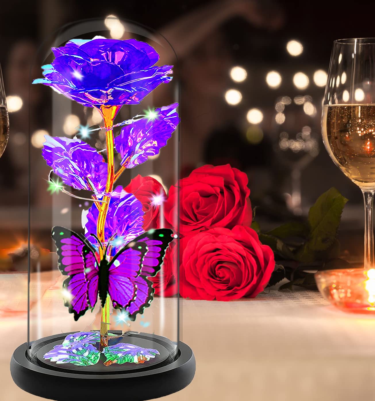 Mothers Day Rose Flower Gifts for Mom, Birthday Gifts for Women, Galaxy Crystal Light Up Rose Flowers in A Glass Dome, Mother Day Presents Wife Grandma Sister Her Mom from Daughter Butterfly Purple