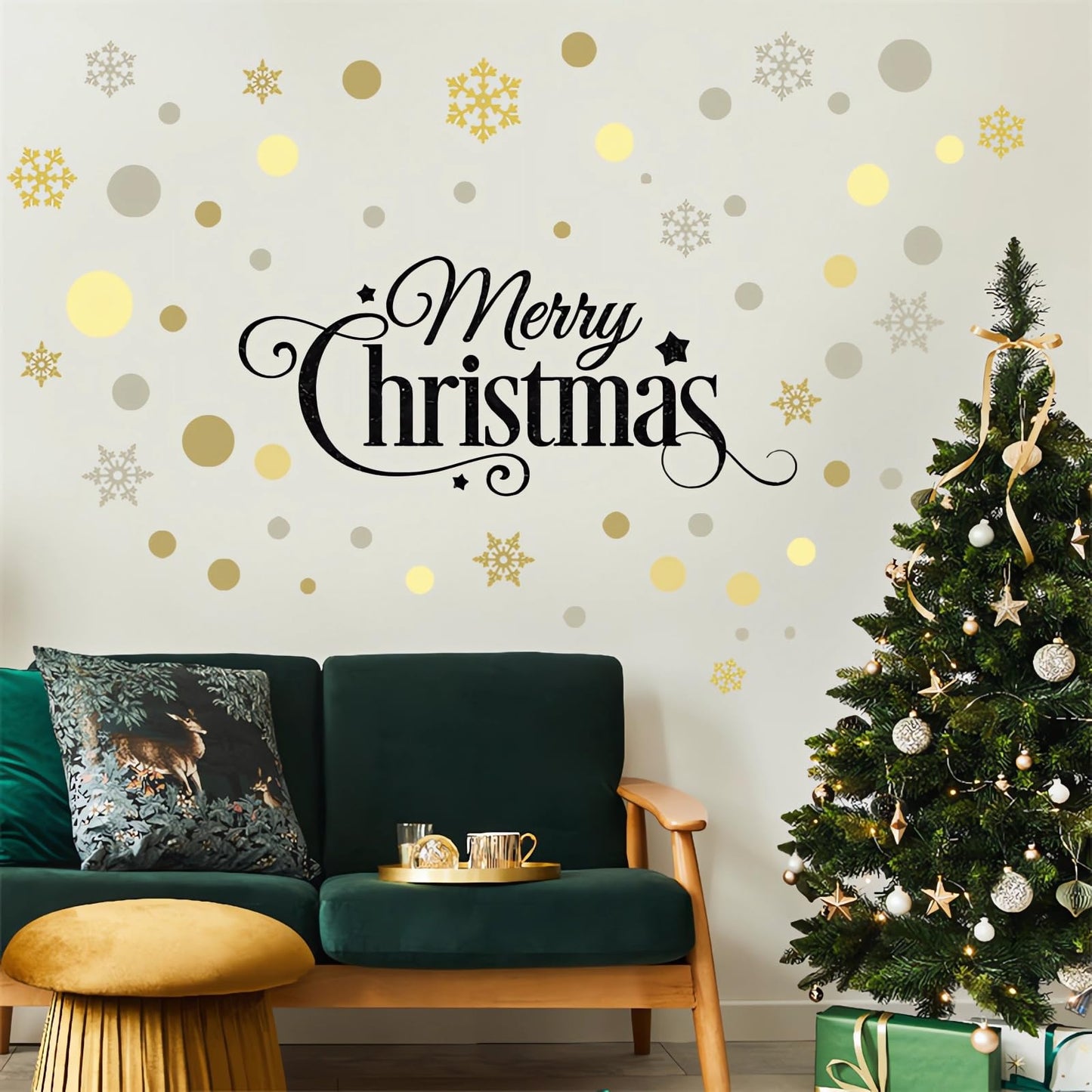 Christmas Gold Brown Gray Polka Dot Snowflake Wall Stickers,sacinora DIY Circle Art Wall Decal Removable Vinyl Peel and Stick for Christmas Party Living Room Bedroom Nursery Children's Room Decoration