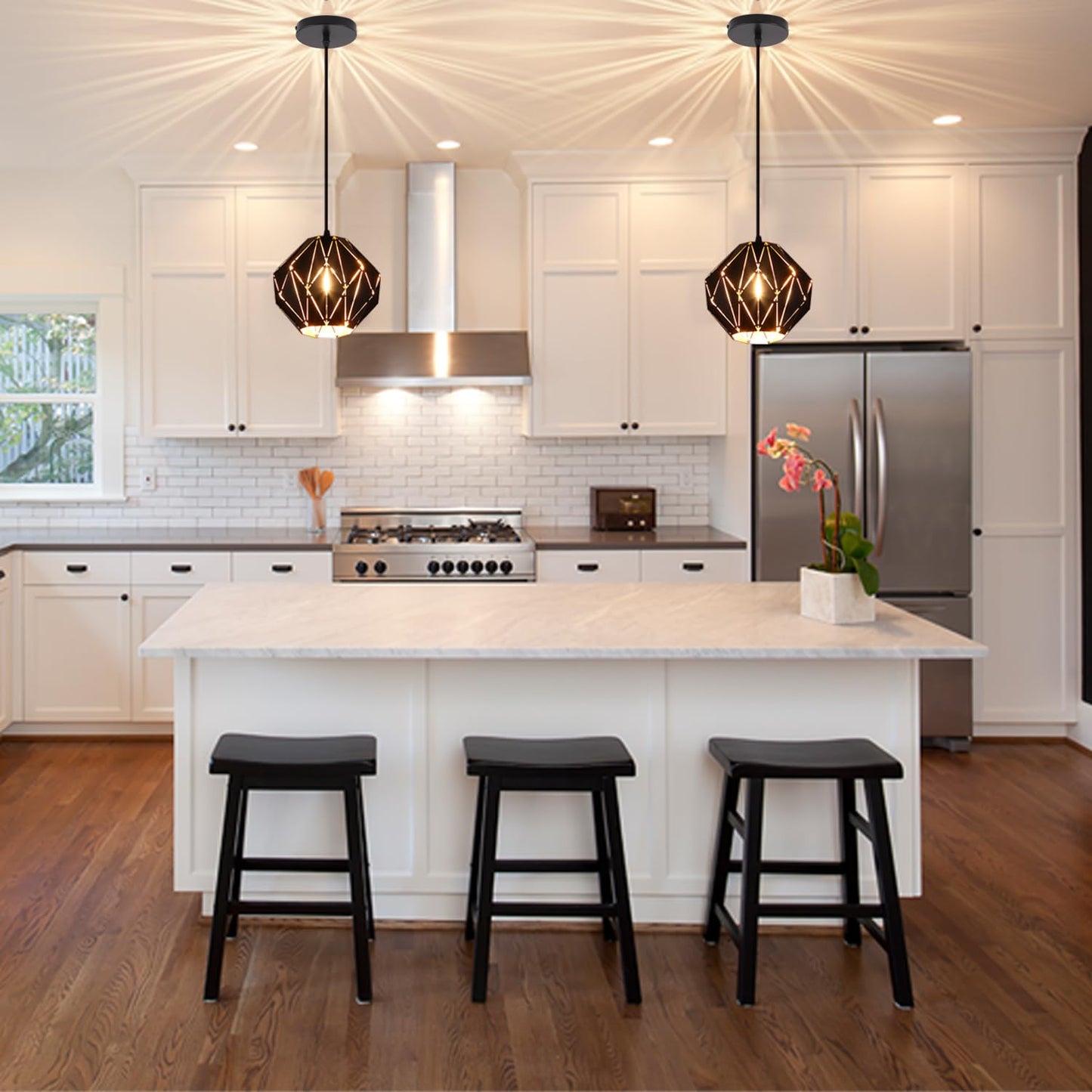 baunoisk Pendant Light Industrial Vintage Pendant Lamp Retro Farmhouse Ceiling Hanging Light Fixture Black Metal Creative Geometric Diamond Shade Pendant Lighting for Kitchen Island