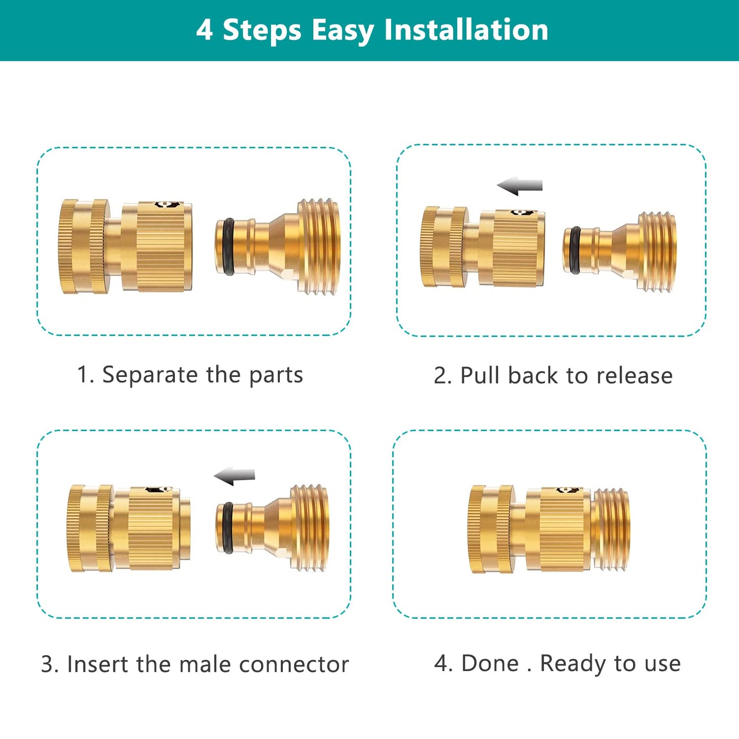 FINEST+ Garden Hose Quick Connector, Solid Brass 3/4 Inch Thread Fitting No-Leak Water Hose Female and Male Easy Connect (4 Sets)