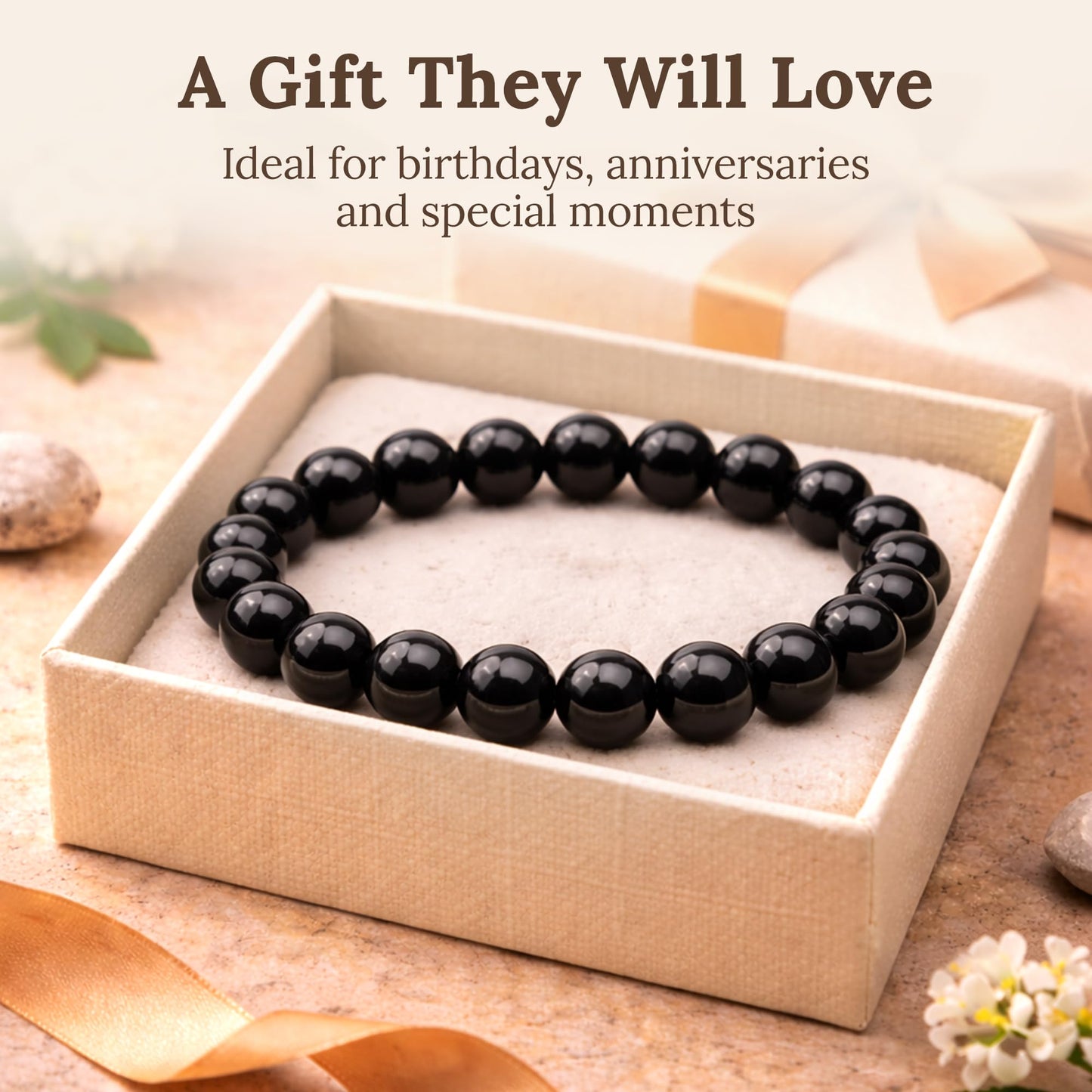 Elm City Direct 8mm Natural Stone Beaded Bracelet – Unisex Crystal Stretch Bracelets for Men & Women, Chakra & Healing Jewelry, Gift-Ready Beaded Bracelets (Obsidian, 8mm)