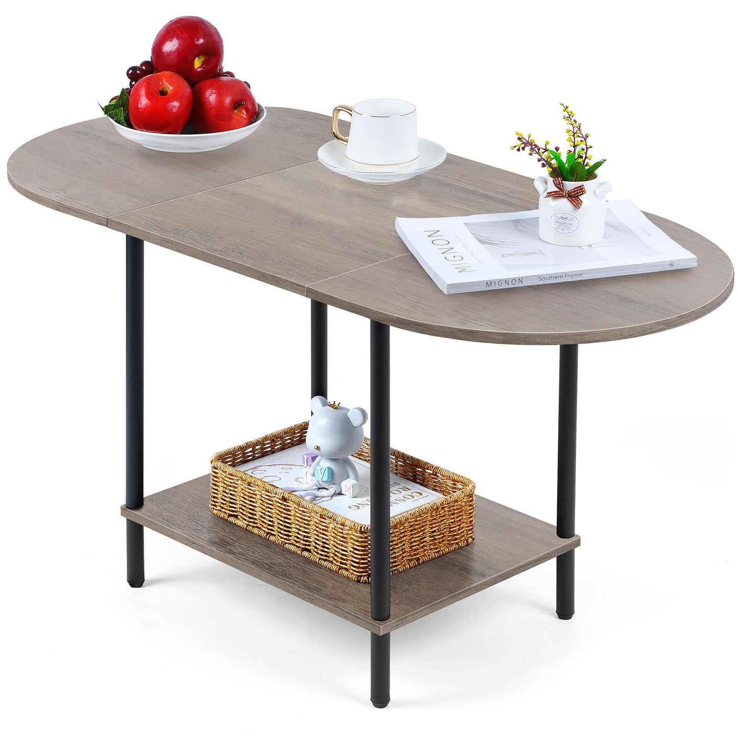 Shinoske Coffee Tables for Living Room,2-Tier Small Oval Center Table Industrial Modern Style Coffee Tables with Storage Shelf and Wood Tabletop for Small Space,Home Office,Rustic Grey
