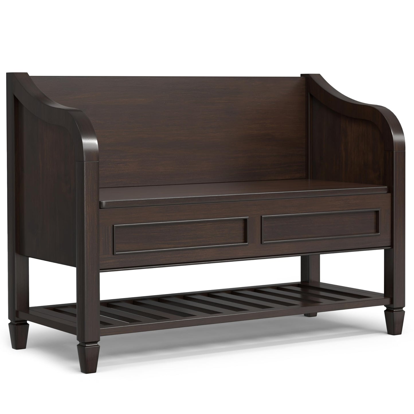 SIMPLIHOME Connaught SOLID WOOD 42 inch Wide Traditional Entryway Storage Bench with Shelf in Chestnut Brown for the Living Room, Entryway and Family Room