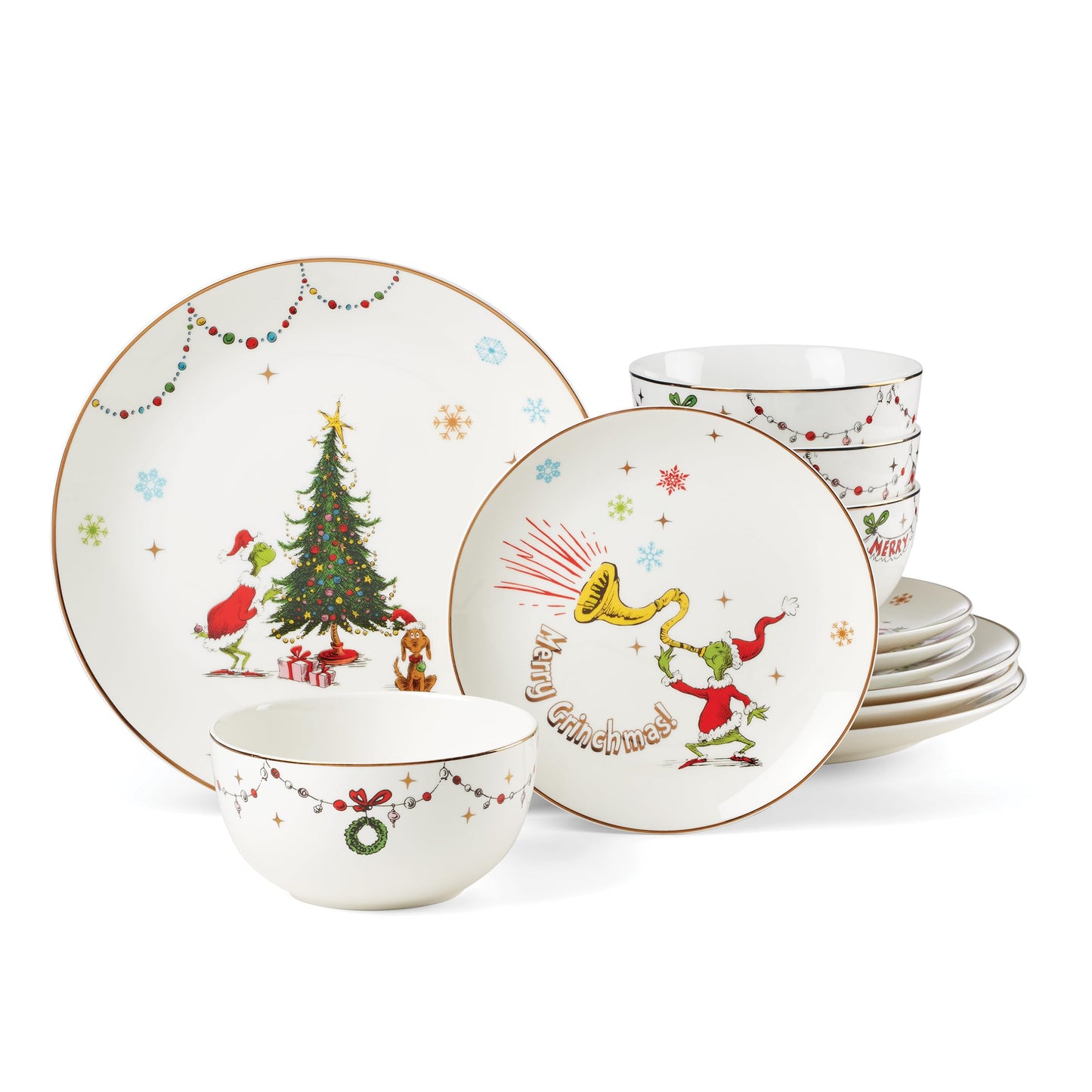 Lenox 895051 Merry Grinchmas 12-Piece Dinnerware Set, Green, 12 Count, Christmas, Holiday Hosting