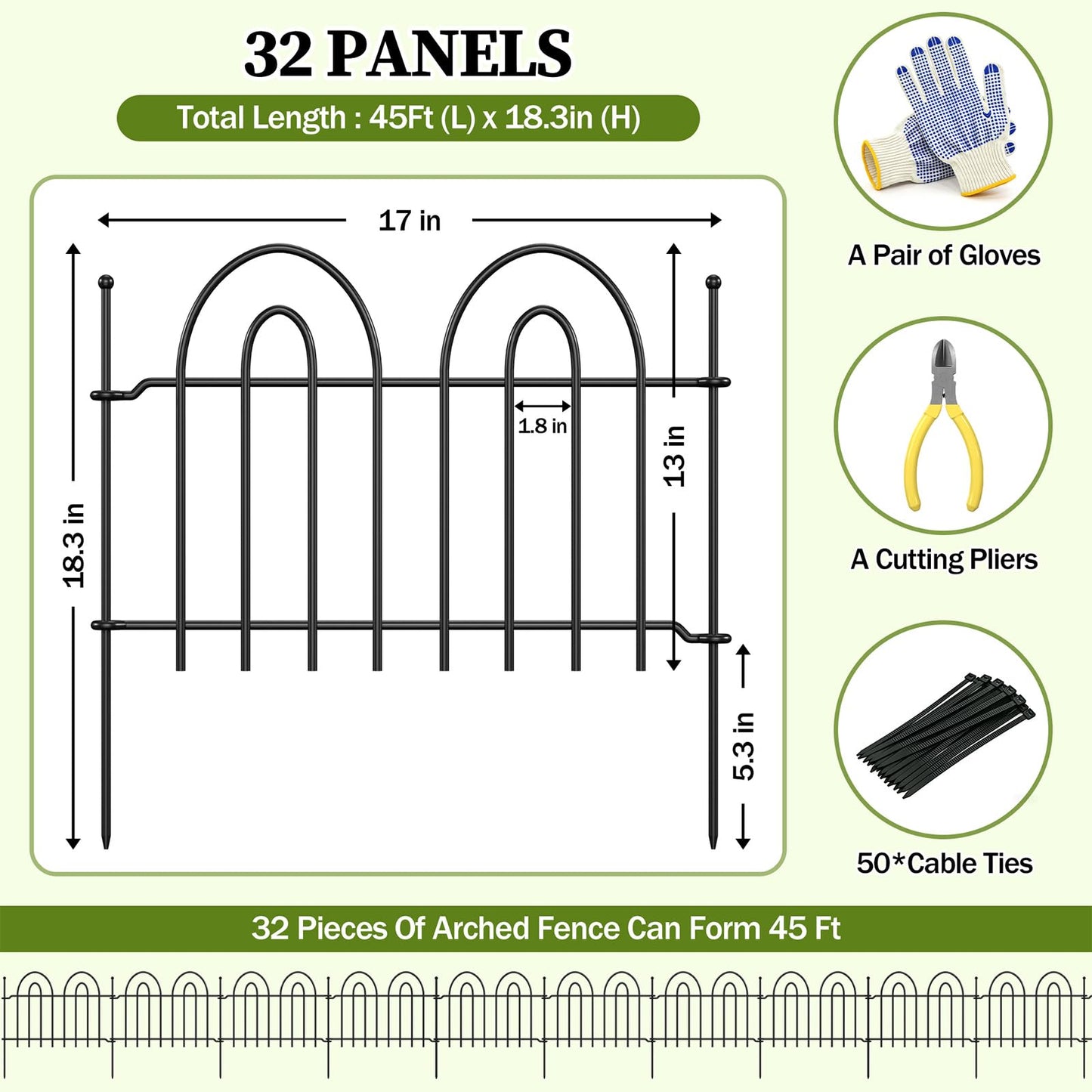 45ft x 13in Garden Fence Animal Barrier, 32 Panels Decorative Garden Fence Border, No Dig Garden Fence Panels, 1.8in Gap Rustproof Metal Stakes, Ground Defense Border Fence for Outdoor, Yard, Patio