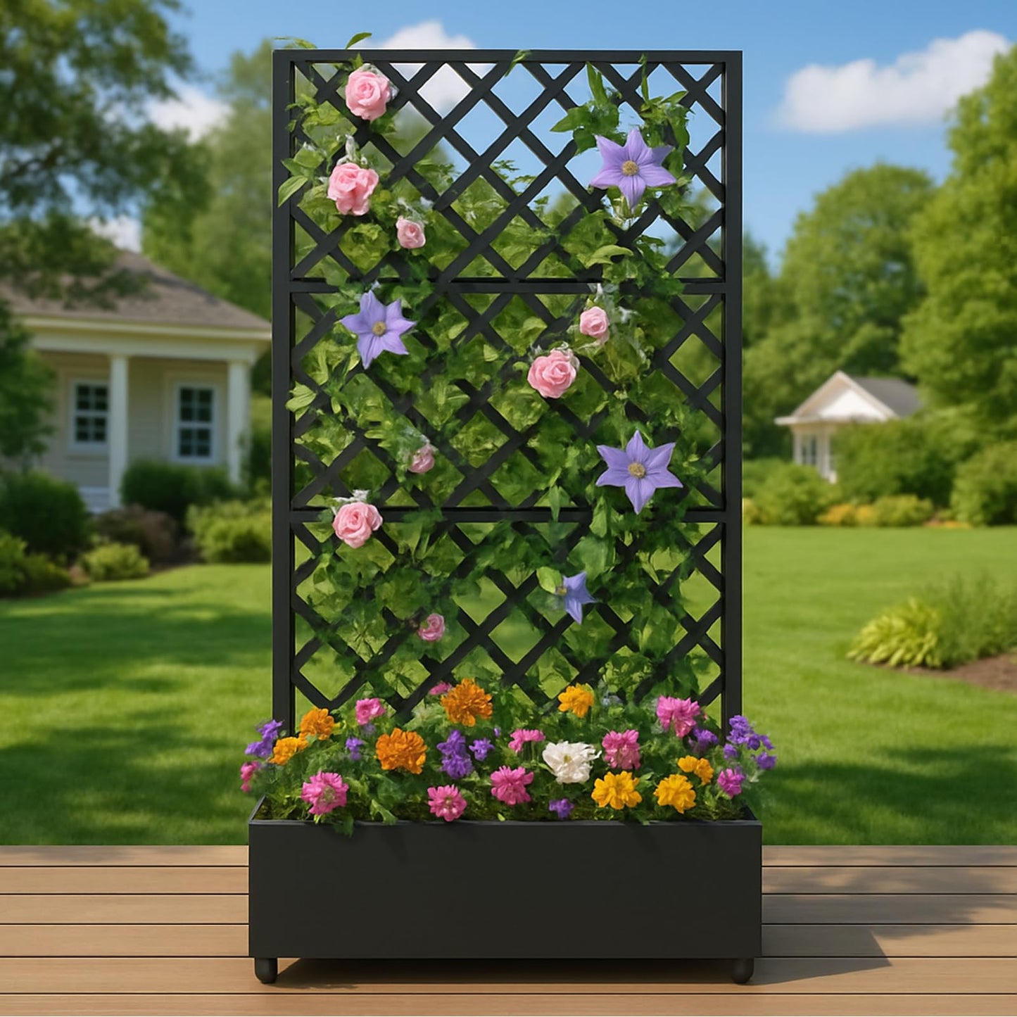 PeacefulHues Metal Planter Box, Galvanized Raised Garden Bed with Wheels & Trellis - 72"x35" Planter Box for Climbing Plants, Vines, Flowers, Black