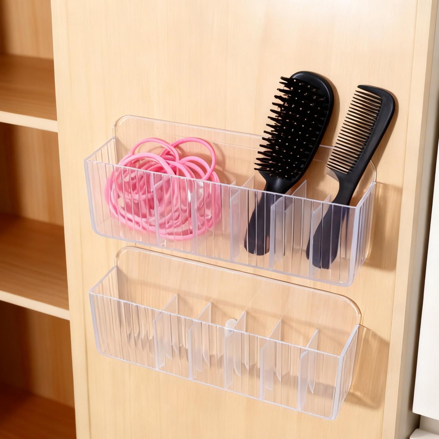 Wall Mount Storage Organizer, Clear Storage Box Holder Basket with 6 Compartments No Drilling Hang Walls/Doors for Kitchen, Cabinet, Bathroom, Bedroom, Office (19x8x3.8cm)