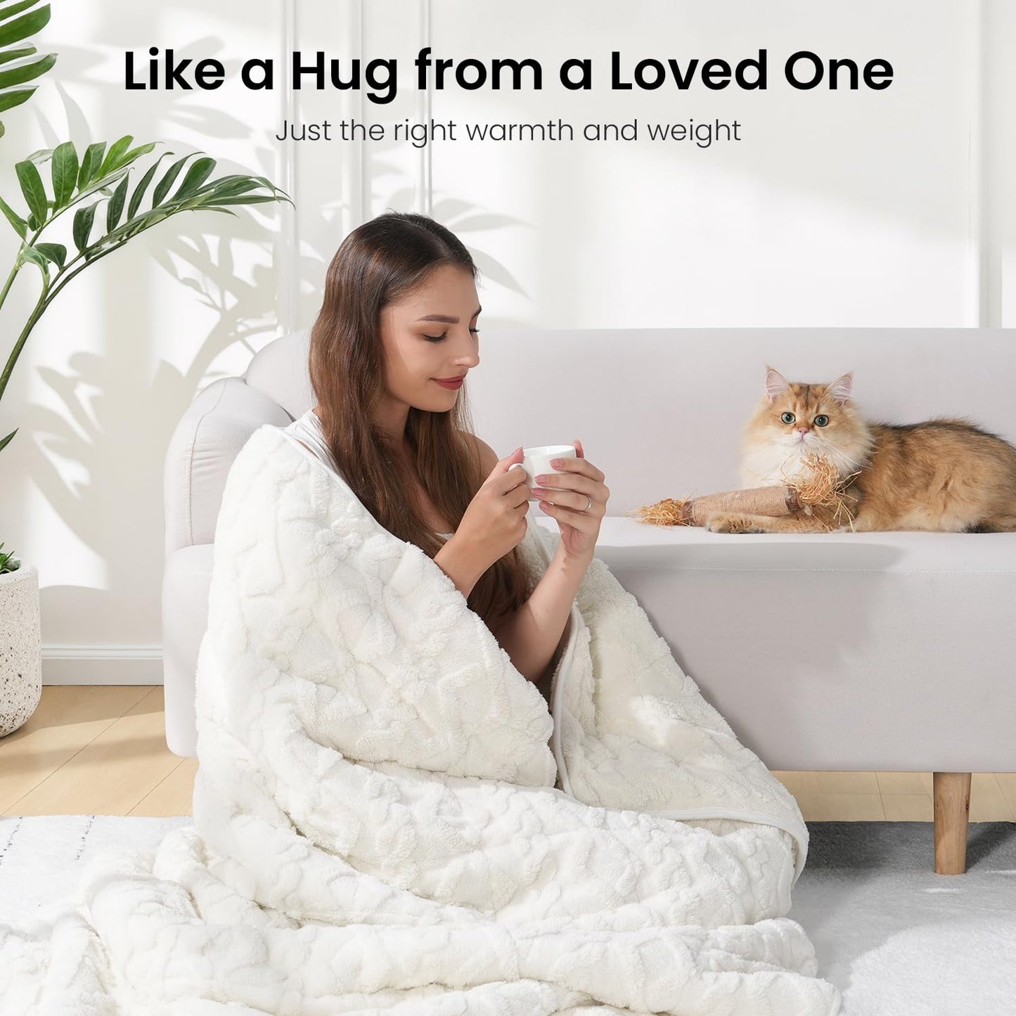 Drewin Weighted Blanket 15lbs Queen Size, Soft and Thick Jacquard Sherpa Heavy Blanket for Calming and Relax, Dual Sided Ultra Soft Fuzzy Throw Blanket with Ceramic Beads, 60 x 80 inches, Cream White