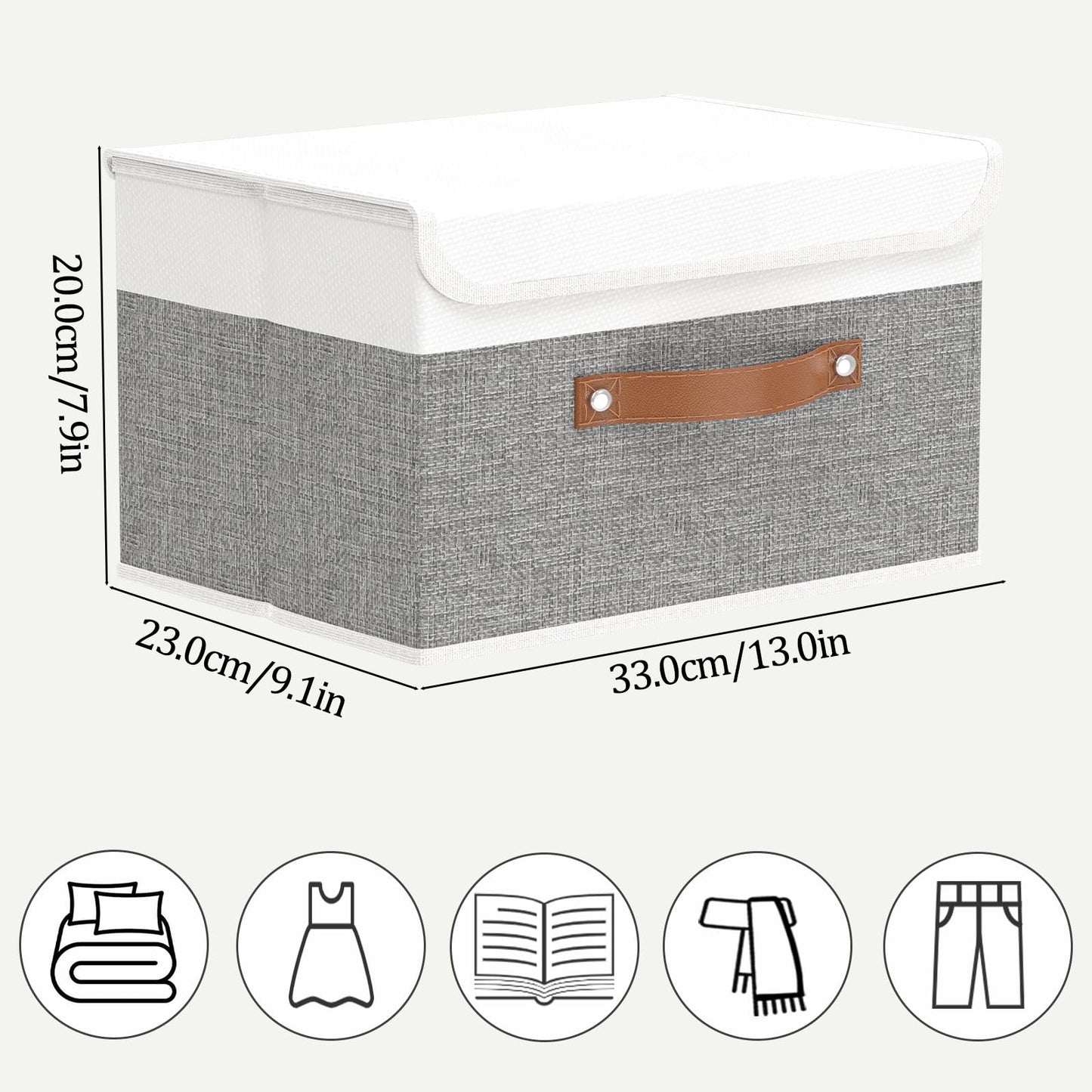 OUTBROS Large Foldable Storage Bins, Linen Fabric Box with Lid, Organiser for Shelves, Cubes For Towels, Clothes, 13 x 9.1 x 7.9 inch (White/Grey, 1-Pack)