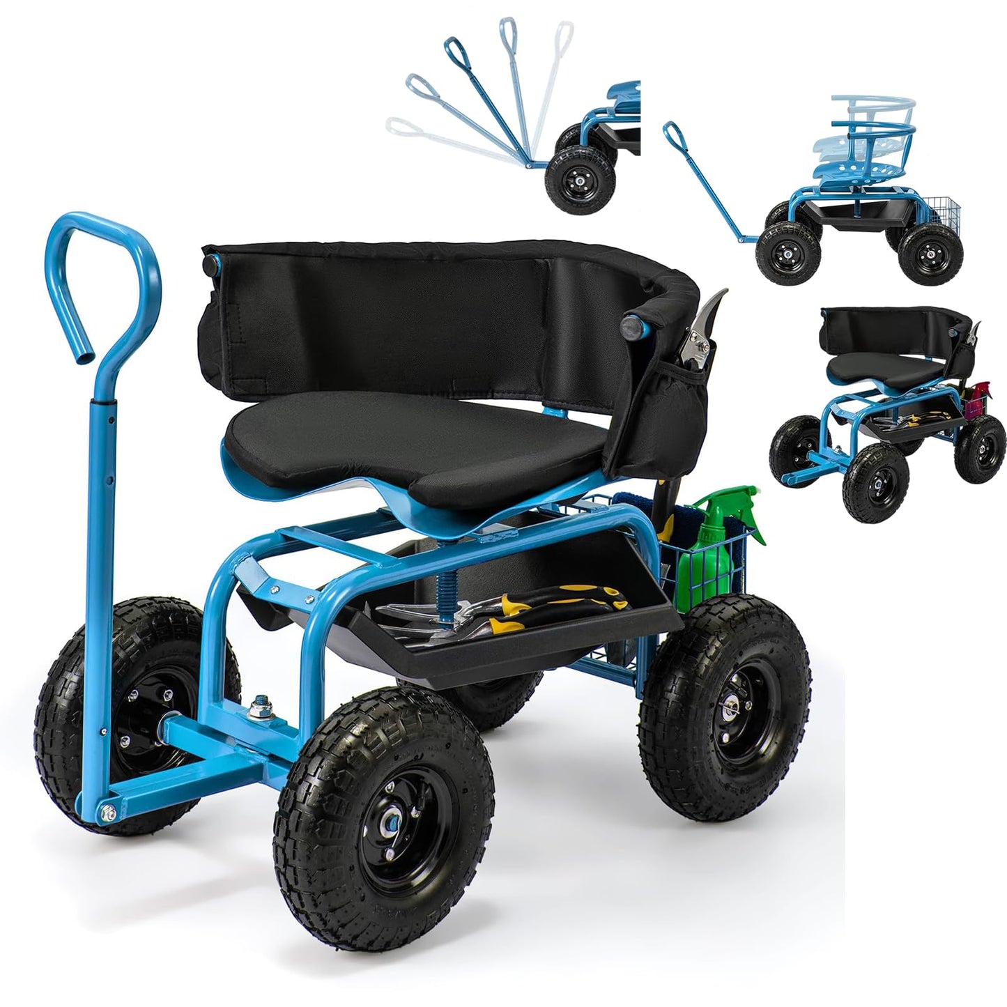 ERGOMASTER Rolling Garden Seat with Wheels, Adjustable 360° Swivel Workseat and Storage Basket, Extendable Handle, Outdoor Gardening Wagon Scooter, Blue