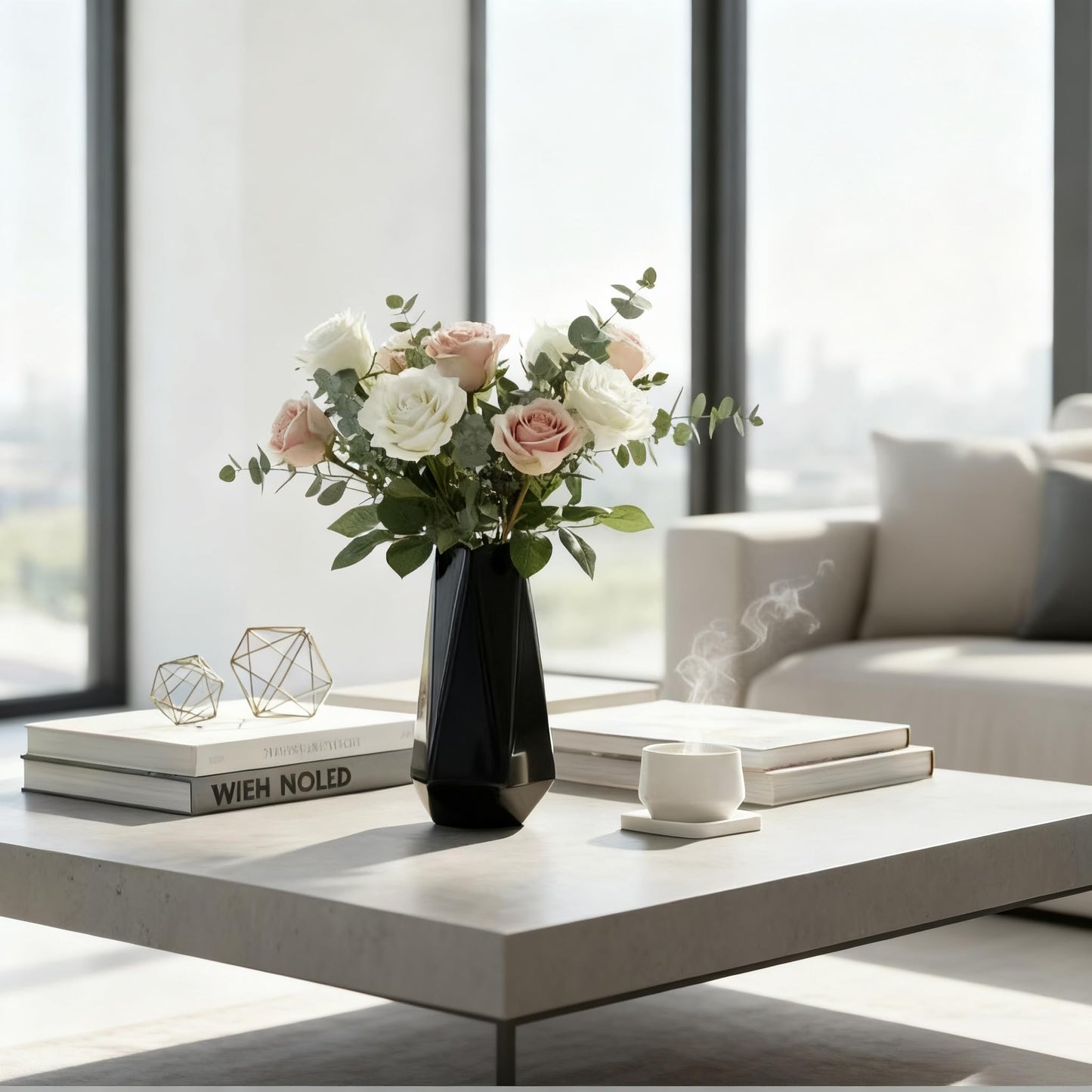 Modern Black Ceramic Vase, 7.5 Inch Geometric Flower vases, Minimalist Design for Table Shelf Centerpiece Home Decor Fit for Housewarming, Weddings, Birthday,Christmas