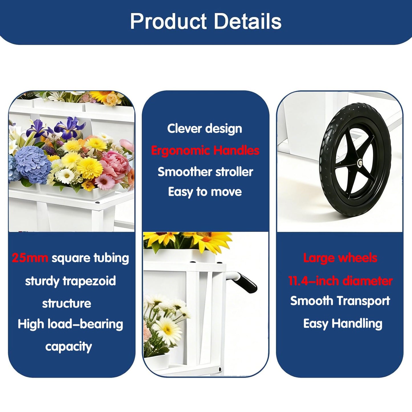 Heavy Duty Flower Cart Display Stand with Large Wheels and Handles, Metal Flower Plant Stand with 12 Buckets, Moving Flower Bouquet Holder for Farmers Market Stand, Flower Bar Supplies for Patio Garden Florist Wedding (White, L33.4*W31.4*H*40.5in)