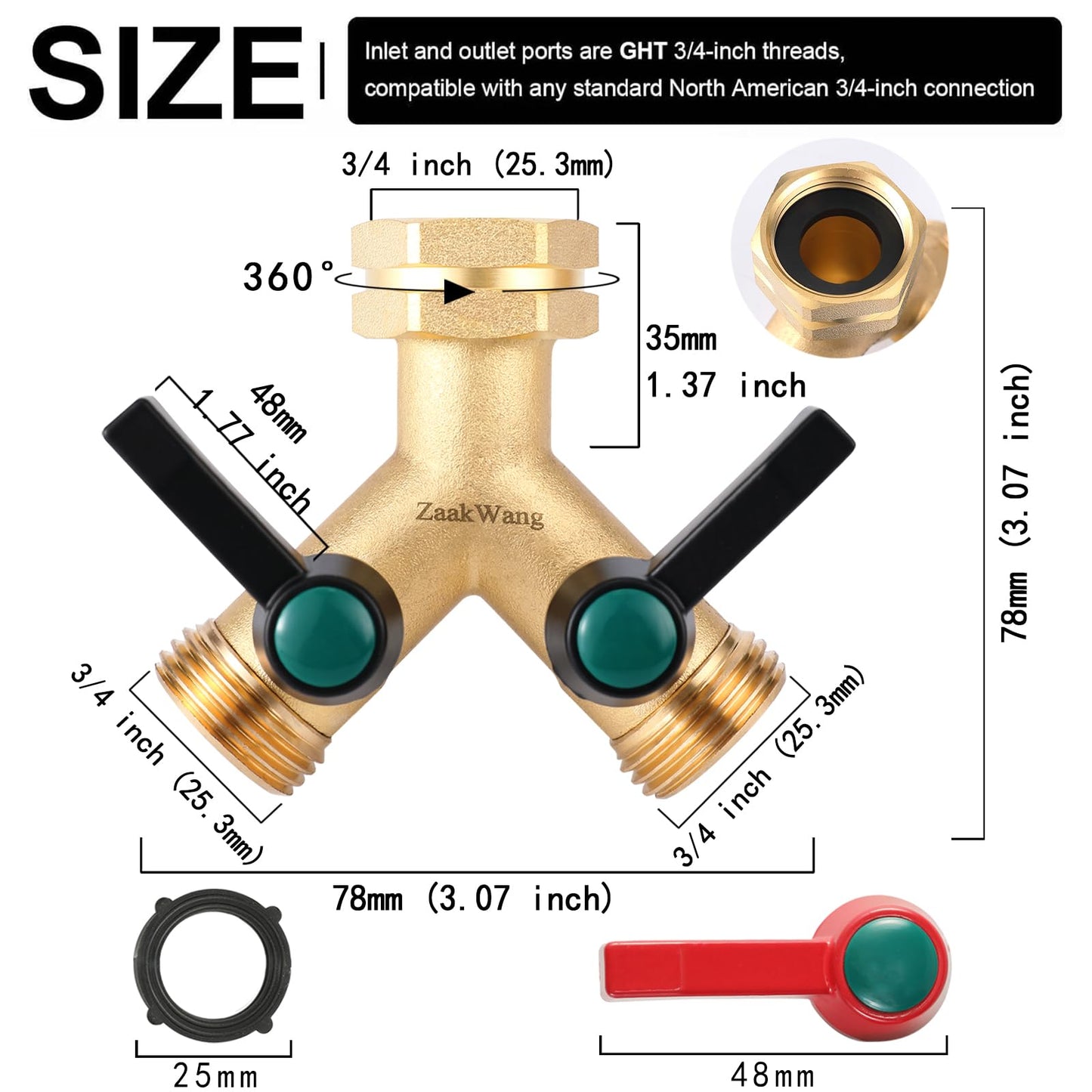 Heavy Duty Solid Brass Y-Way Distributor, 3/4" GHT Thickened Hexagonal Water Inlet, Garden Faucet Splitter, Hose Splitter with 2 More Colors Comfortable Extension Handles.