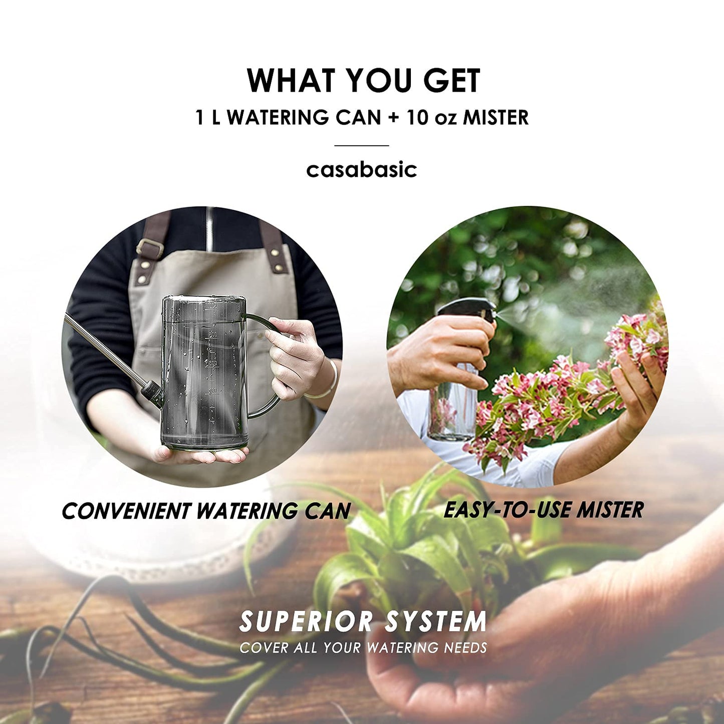 Watering Can Indoor, Small Watering Cans for House Plants, Succulents and Flowers, Long Spout, 1 Liter, with Bonus Plant Mister Spray Bottle