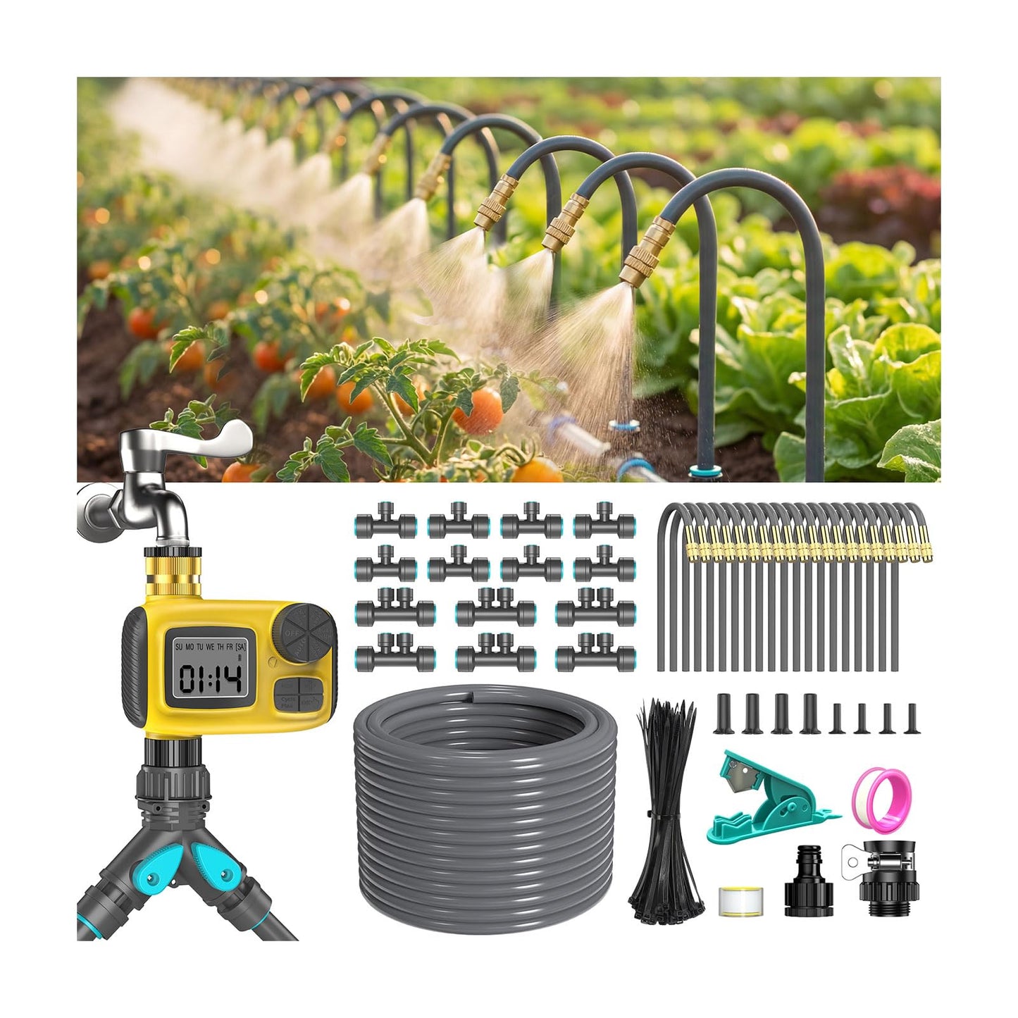 CyberOrd 360°Adjustable Drip Irrigation System Kit with Hose Timer - 98FT 1/2" Garden Watering System with 20 Copper Nozzles, Greenhouse Accessories, Irrigation System for Garden,Yard, Lawn, Plant
