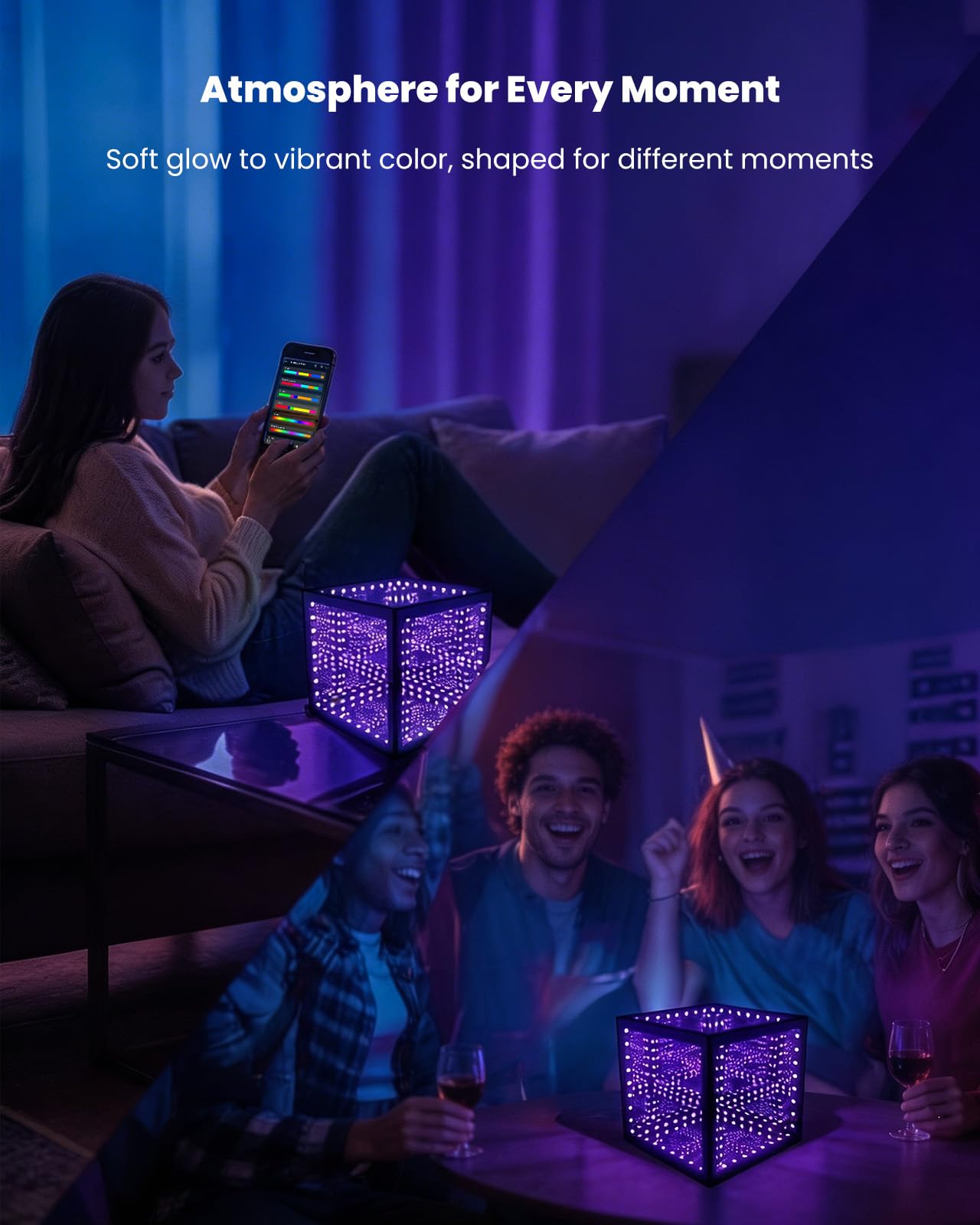 Nobiggie Infinity Mirror Cube Ambient Lighting, 3D Deep Space RGB LED Mood Light with Music Rhythm Sync, Futuristic Hypercube Decor for Home, Bedroom & Living Room (Space Black, Plus - 6 Inch)