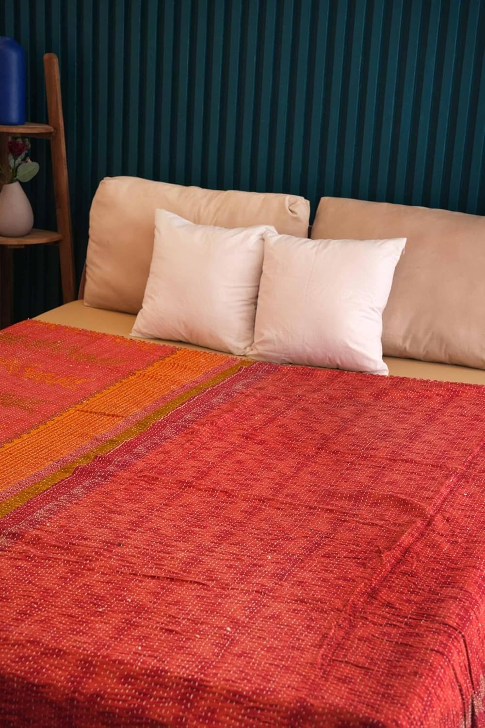 Handmade Cotton Vintage Kantha Quilt Boho Reversible one-of-a-Kind Kantha Throw Bedspread (Twin 90" x 60")