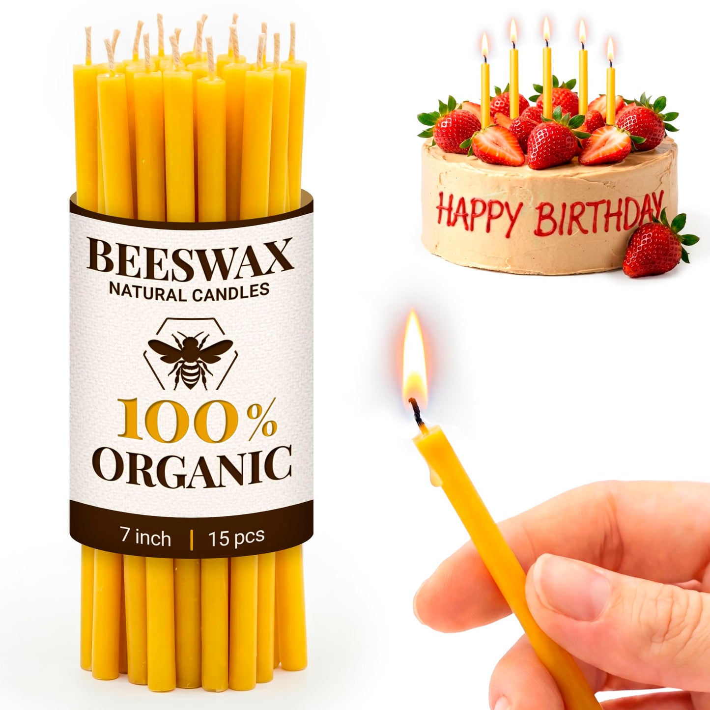 Natural Candles 7” 15 pcs Best Candle Pure Deep Yellow Bee Wax with Great Honey Scent and Cotton Wicks - Eco Friendly 100% Candles for Decoration Home Birthday Cake 110440