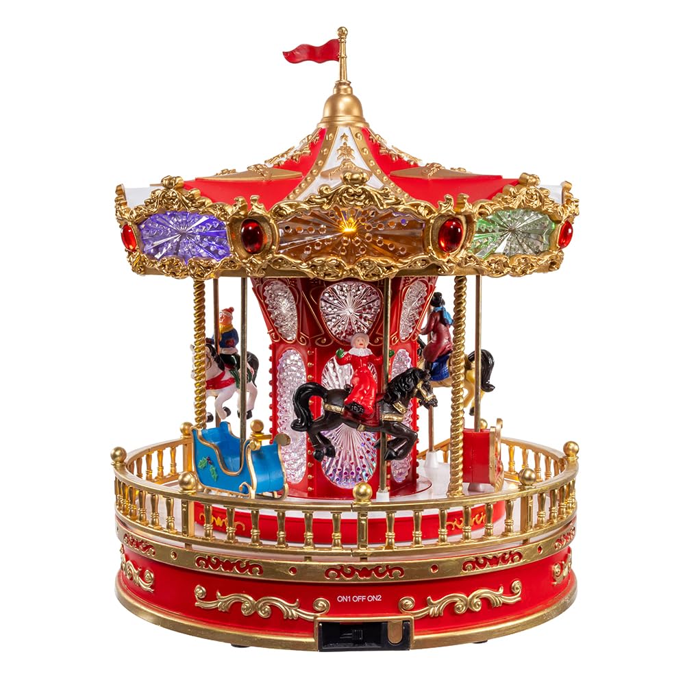 Kurt Adler 11.1-inch Battery Operated Multicolor LED Lighted Musical Santa Carousel with Motion Table Piece