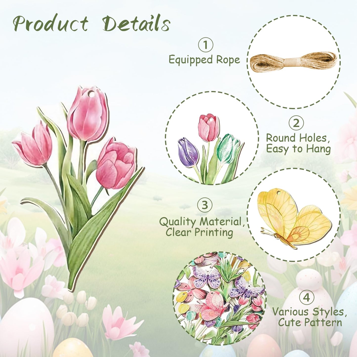 JNYVE 36 Pcs Spring Tree Ornaments: Spring Wooden Flowers Decorations Tulip Butterfly Hanging Decor for Small Tree Home Party