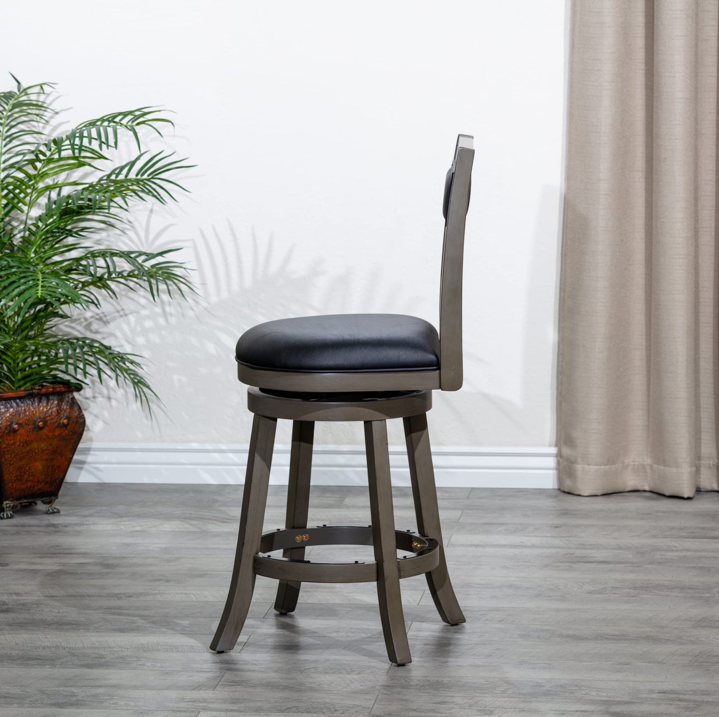 DTY Indoor Living Meeker X Back Fabric Swivel Stool, 30” Bar Height, Weathered Grey Finish, Black Leather Seat