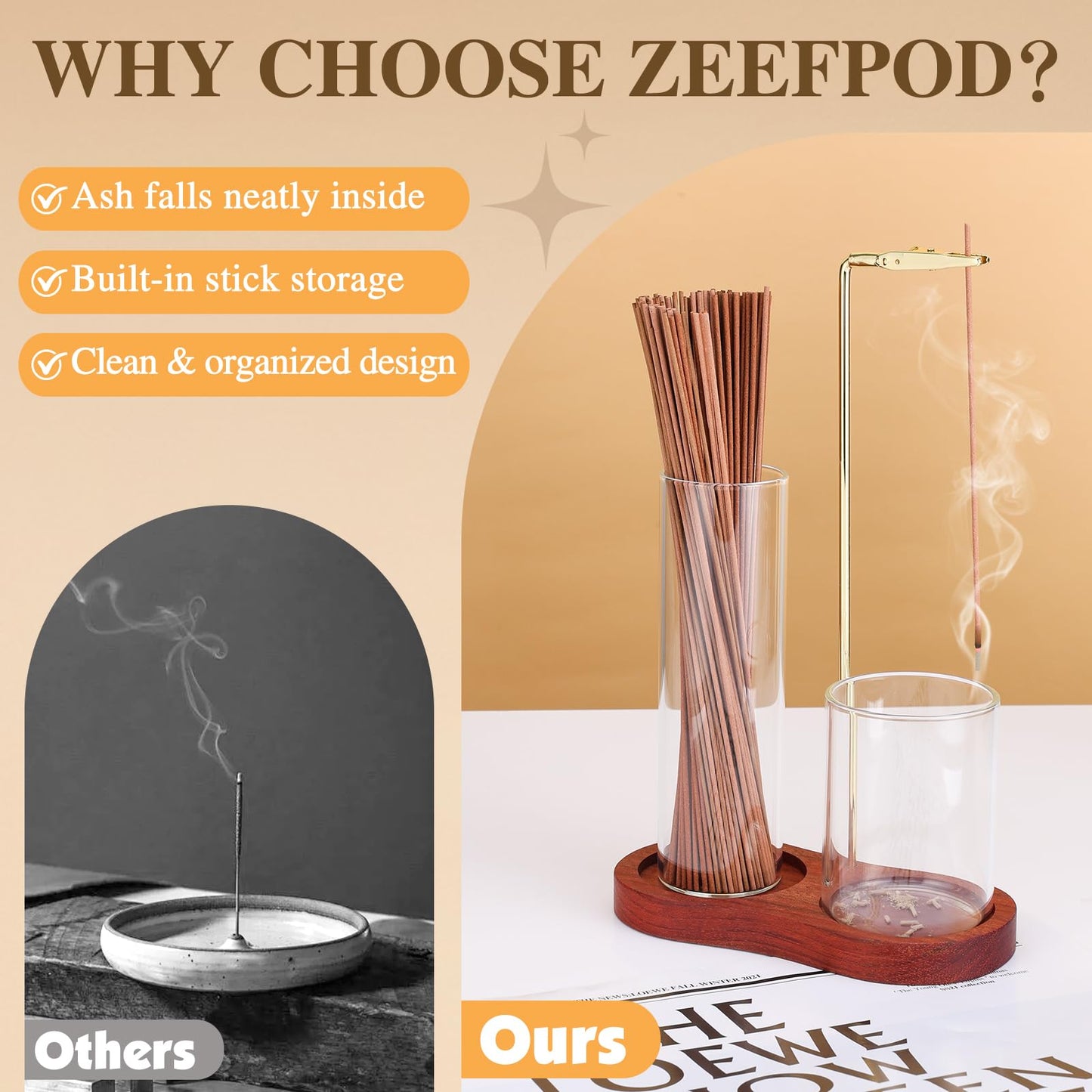 2 in 1 Incense Holder for Sticks with Glass Ash Catcher, Upside Down Anti-Ash Incense Stick Burner, Modern Vertical Incense Holder for Yoga, Spa, Meditation and Home Decor Reddish Brown