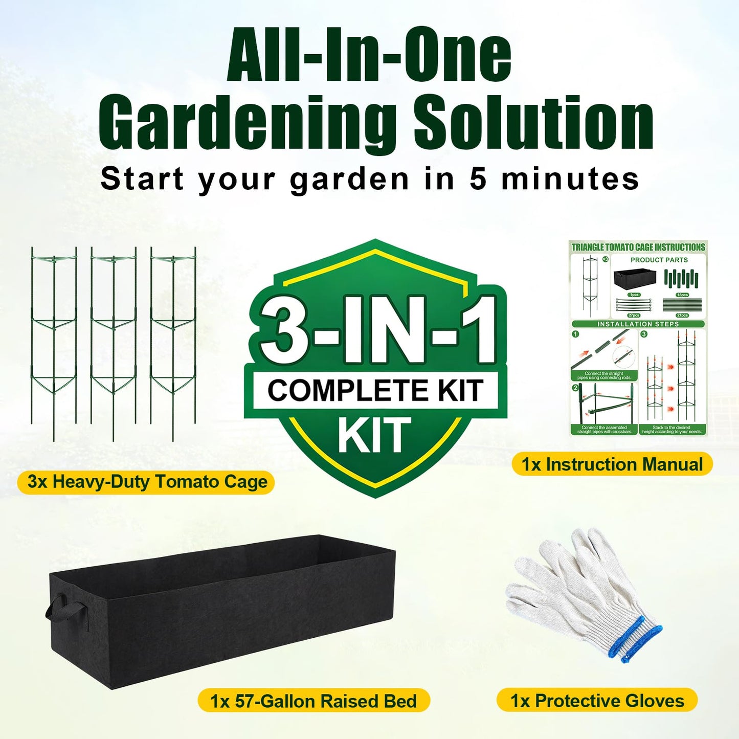 BobbleT 3 Pack Heavy Duty Tomato Cages with 57 Gallon Grow Bag, 48" Adjustable Tomato Trellis for Raised Garden Bed, Sturdy Triangle Plant Support for Climbing Vegetables, Cucumbers & Garden Plants