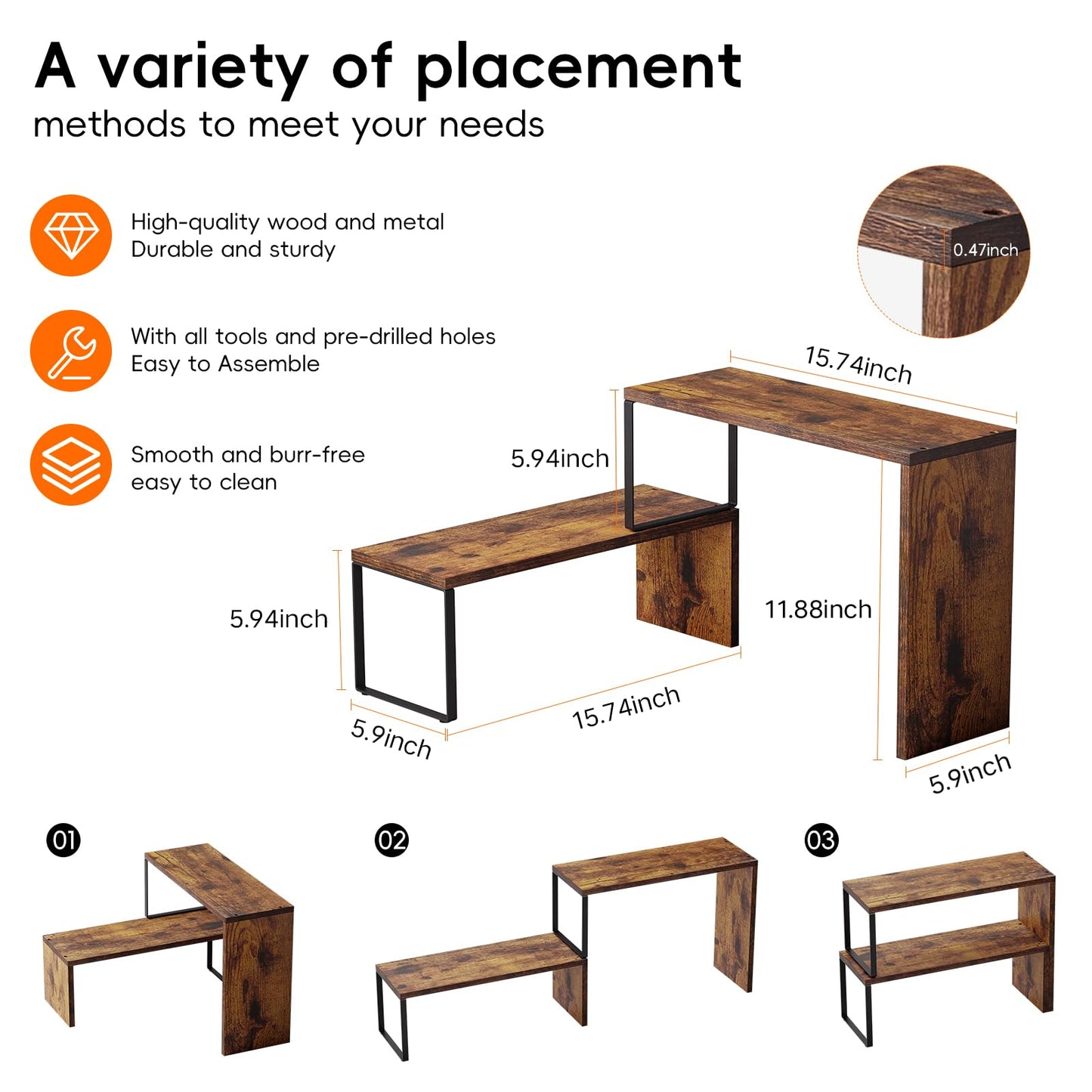 Vfelf Kitchen Countertop Organizer, Spice Rack Cabinet Organizer Shelf Stackable Counter Corner Shelves Organization and Storage for Pantry, Counter top, Coffee Station Wood Rustic Brown