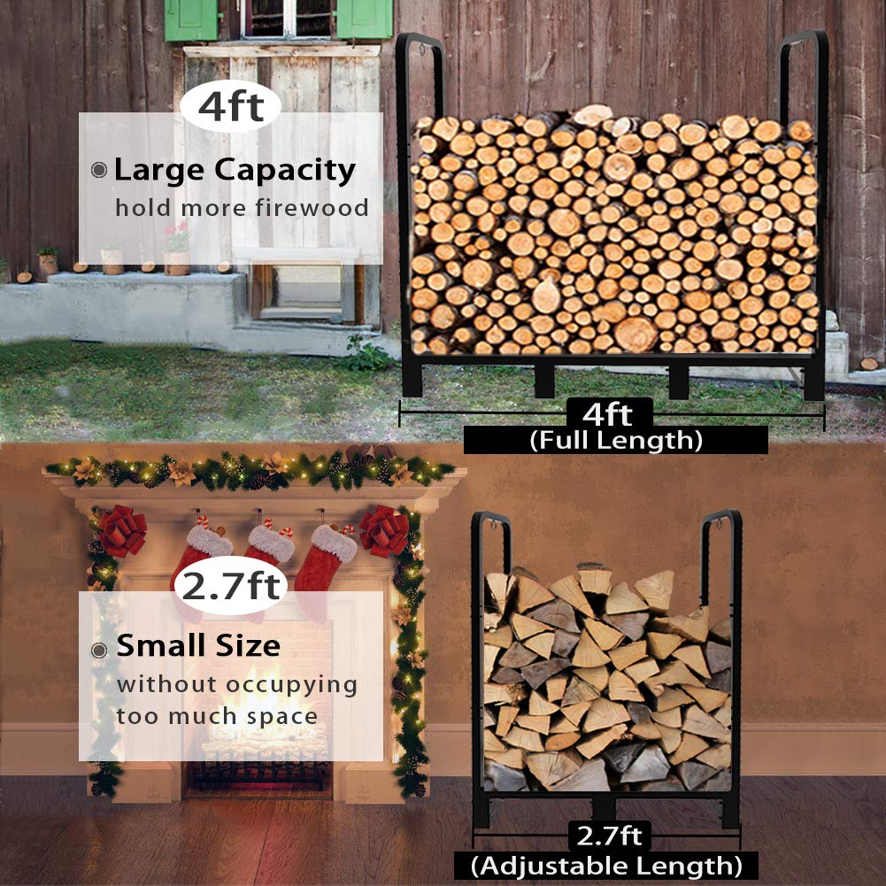 Artibear 4ft Outdoor Firewood Rack, Upgraded Adjustable Heavy Duty Logs Stand Stacker Holder for Fireplace - Metal Lumber Storage Carrier Organizer, Bright Black