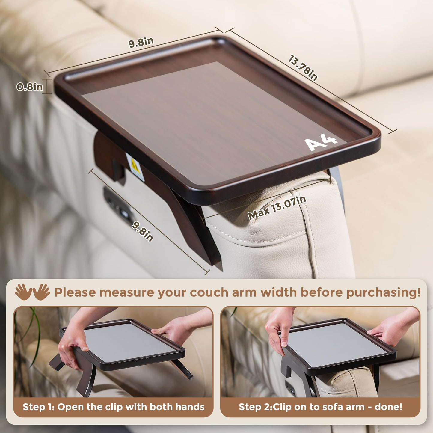 Tomlyop Couch Armrest Table, Foldable Bamboo Sofa Arm Tray for Couch with a Non-Slip Pad, Clip On Couch Arm Table for Remotes/Eatting/Drinks, Fits Sofa Armrest 3.5"-13.5" Brown